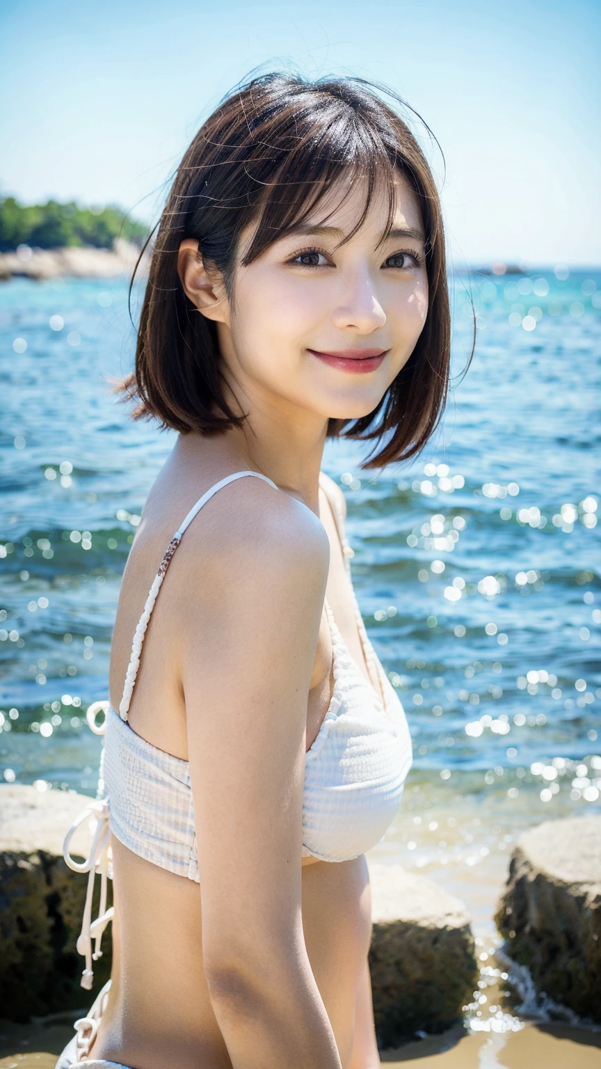 (highest quality,masterpiece:1.3,ultra high resolution),(Super detailed,caustics,8k),(photorealistic:1.4,RAW shooting),Japanese,28 years old,cute,(Smiling and looking at the camera),(Black hair fluttering in the wind),short hair,duck mouth,natural makeup,big ,white blouse,bust up shot,The sea sparkles reflecting the sunlight,warm light,Natural light,professional writing