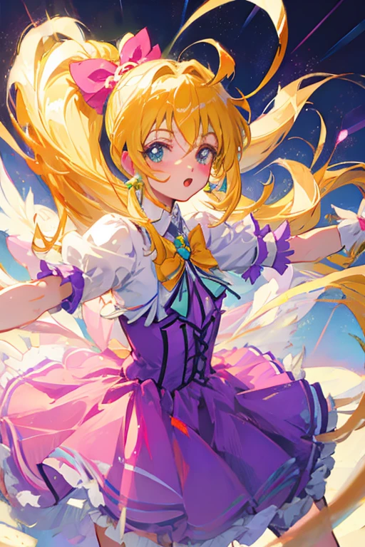 (((CurePeace from Smile Pretty Cure,Browsing Caution,Cowboy Shot,Front shot))),(((Her clothes are designed to show her crotch,Costume with thigh skin visible,Her crotch is visible))),(Yellow Magical Girl Costume)+++,alone,Are standing,{{{{{{Tabletop,anime}}}}}},((((A face with attention to detail)))),{{{{最high quality}}}},{{It&#39;s all complicated}},Perfect composition, 8k, high quality, Sharp focus,デジタルanimeアート,　Spread your legs　　Bitch　Inviting ejaculation　Ahegao