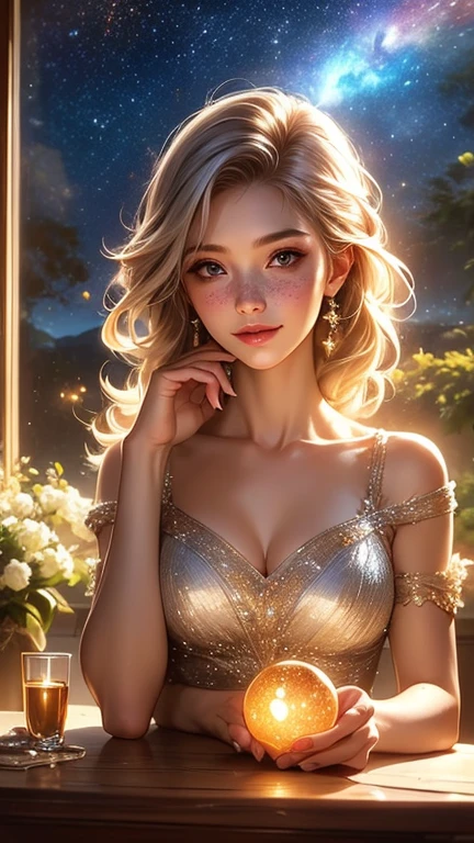 Vista, panorama, perspective, Depth of bounds written, bust, Upper body, cinematic angle, masterpiece, highest quality, Super detailed, cg, 8k wallpaper, beautiful face, delicate eyes, maiden, alone, smile, silver hair, golden eyes, Fair skin, hair, red scarf, white evening dress, rose畑, Red flower, rose, flower garden, petal, Flying petal, smile