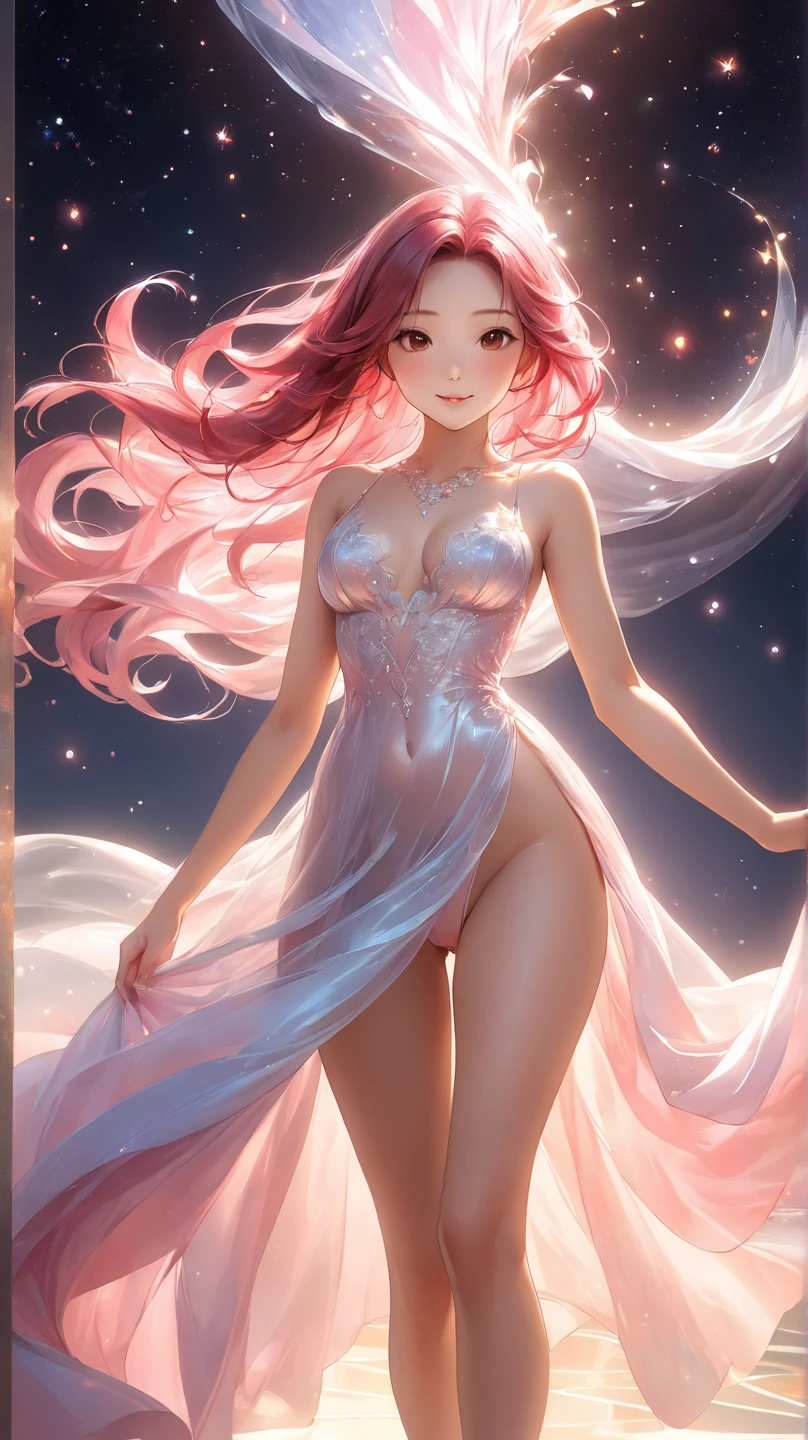 4K Ultra HD, masterpiece, A girl with a magical aura, Nice face, Long Hair, Shiny Hair, Fine grain, Glossy Lips, Wearing an orange dress, Aura around the body, Magical Effects, Spreading white and white light, Cosmic elements and ethereal atmosphere, Bright light and colorful nebula combination, Space Background, Sitting, Full Body Capture.