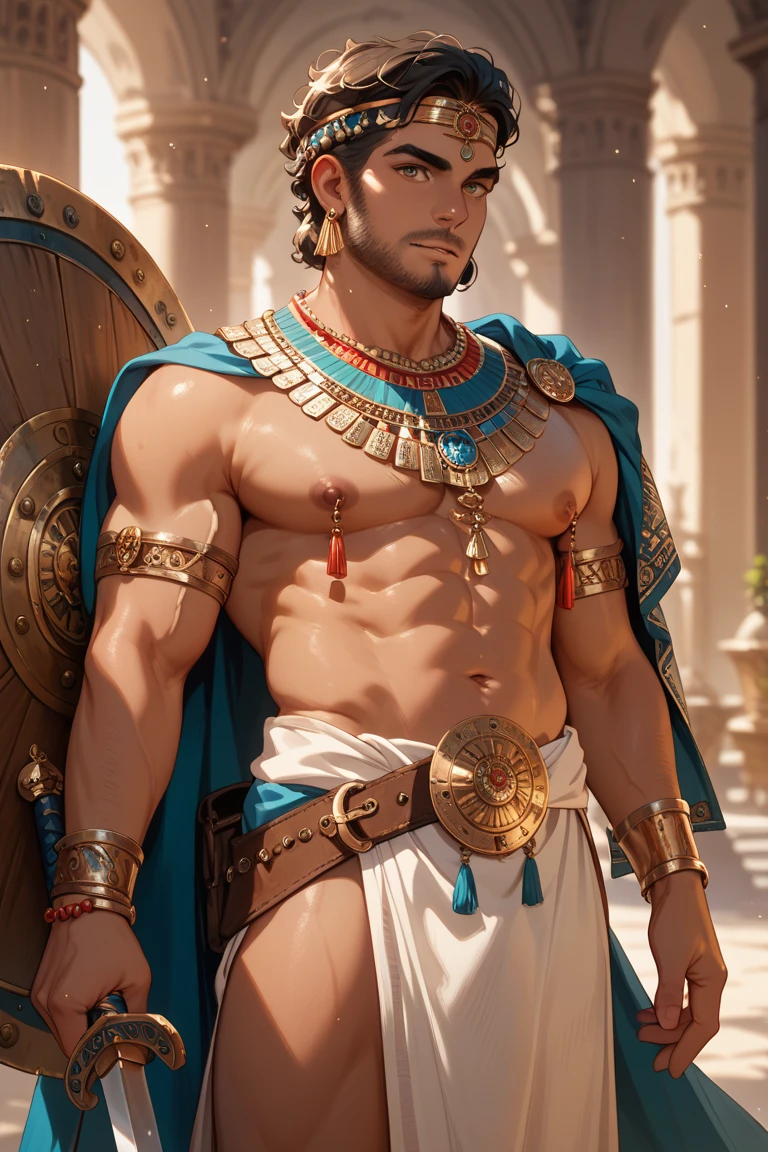 (macho man), (one handsome muscular young man in his 20's), (full body), (short hair),(turquoise blue), he looks like Ancient Egyptian pharaoh, he was typically depicted as regal figures with distinct features. he was often portrayed with a headdress called the "nemes," which was a striped cloth that covered their head and extended down the back. his facial features was portrayed in a stylized manner, emphasizing a sense of power and prestige. he had prominent, almond-shaped eyes with thickly lined eyelids. The eyes were often depicted as having a slight upward tilt, giving them a regal and commanding gaze. The eyebrows were also depicted as well-defined and often arched. pyramids and desert in the background,
Pharaohs were shown with a straight, narrow nose and full, slightly rounded lips. The lips were sometimes accentuated with a hint of a smile, conveying a sense of benevolence and wisdom. The overall depiction aimed to convey a sense of divine authority, wisdom, and strength, reflecting the pharaoh's status as a ruler and deity.mischievous smile, (details: 1 1), natural muscles, high quality, beautiful eyes, (detailed face and eyes), ( No face: 1 2), noise, real photo、... PSD, Sharp Focus, High Resolution 8k, Real & Professional Photography, 8K UHD, Soft Lighting, High Quality, Film Grain, FUJIFILM XT3