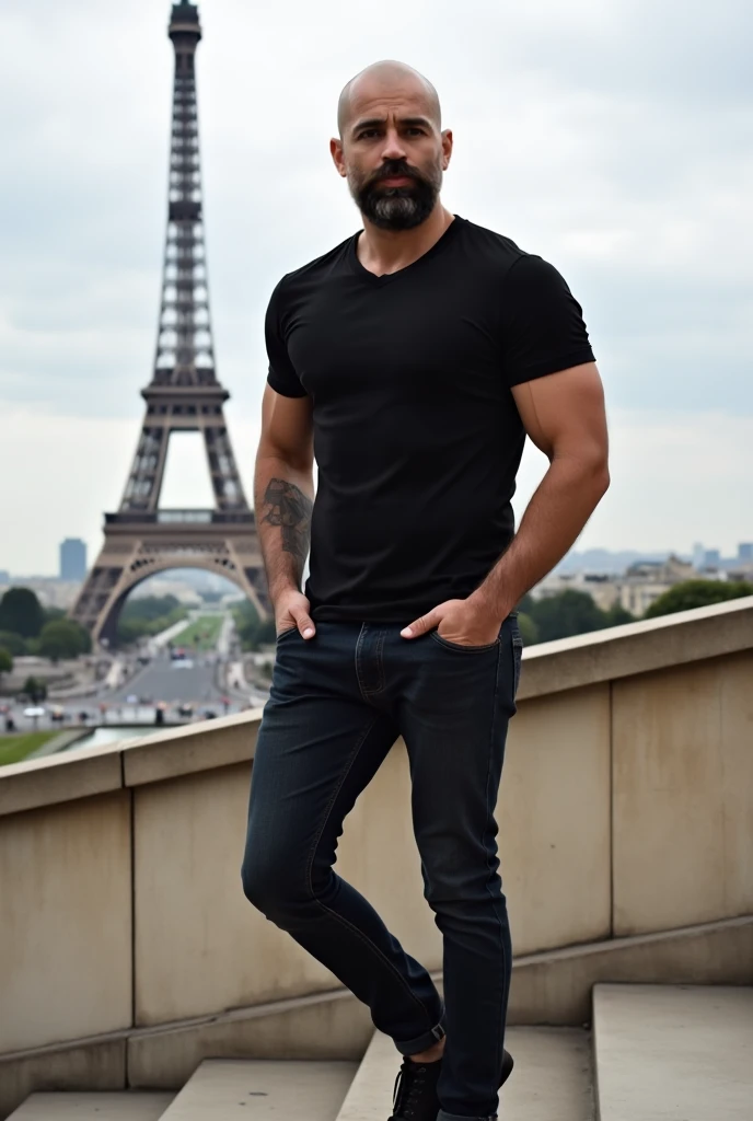Hiperrealism, hiperdetailed, natural colors, soft light, 40 years old man, muscled, tall, hairy body, hairy cheast, virility, summer day, actor gay porn, very sexual And Handsome, bald, black beard, perfect body, perfect cock, garden of White roses, Eiffel Tower.
