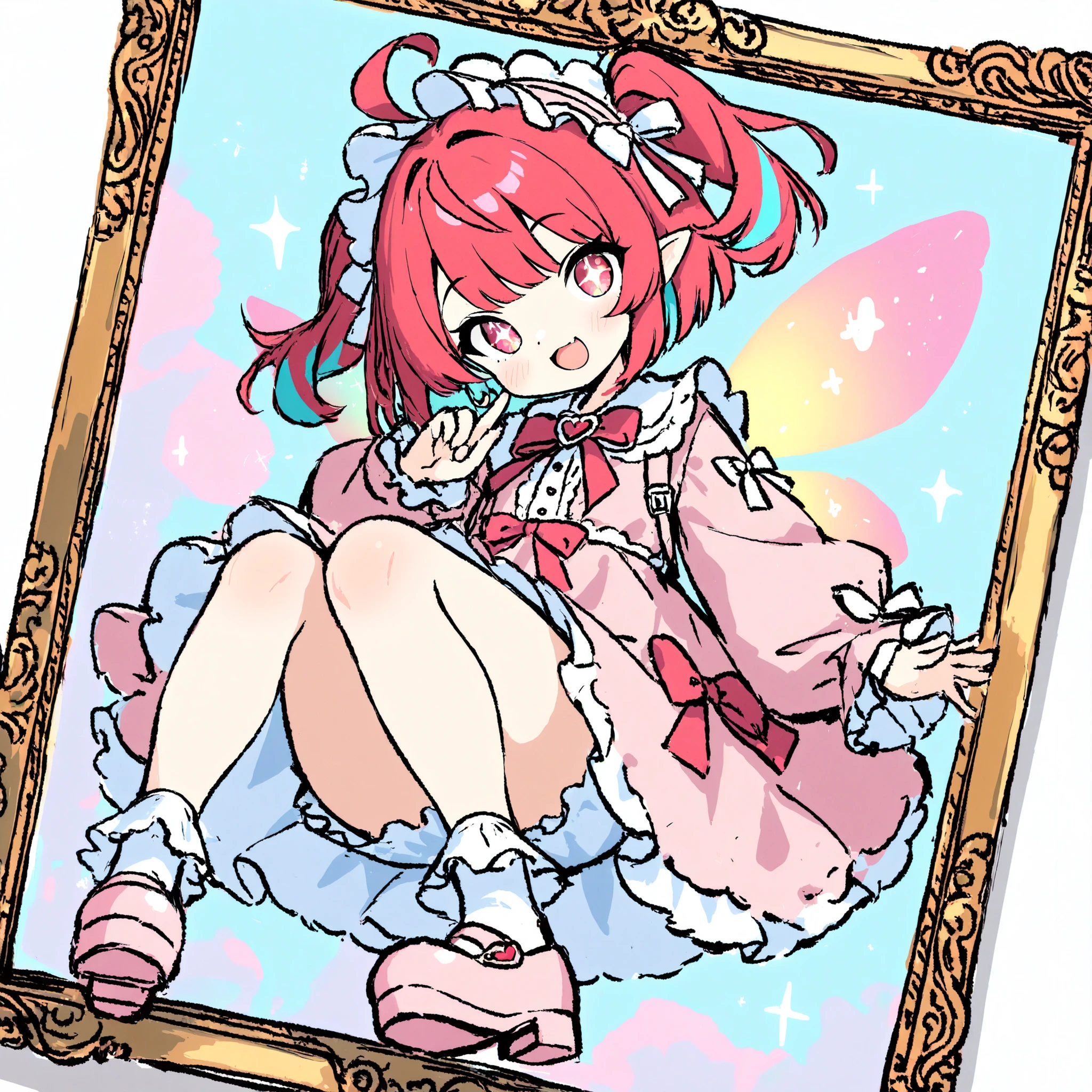 dress style fairy、innocent and cute Smiley、featuring pale pastel shades、dress style fairy、cherry bob pink、sweet lolita that soars high {x} sparkling glitter and jewel-like eyes、beautiful motif arrangement、background like a painting frame