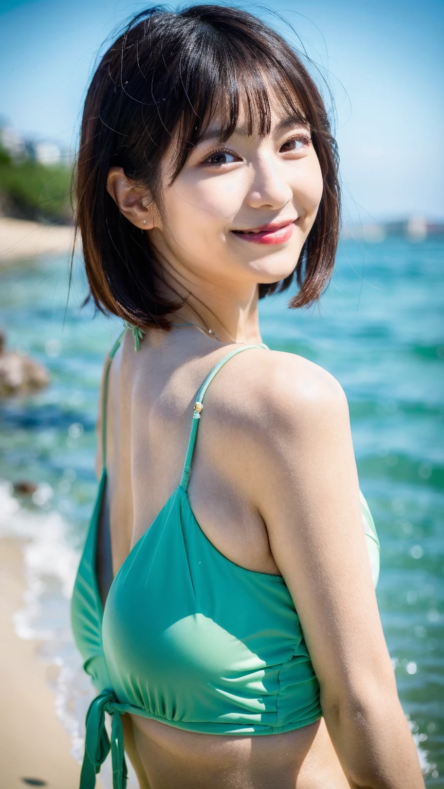 ((top-quality、masutepiece、8K、Top image quality、Hyper-Realism))、(1 photo:1.3)、(Beauty 1 person)、(Photo above from the female breast:1.2)、smile looking at me、the most detailed face、sparkling gemstone necklace、Off-shoulder top with ruffles、Standing on the beach、the most beautiful sea、Beautiful sky、beautiful thunder clouds、Refreshing sea in the background、Shining beautiful sea background、