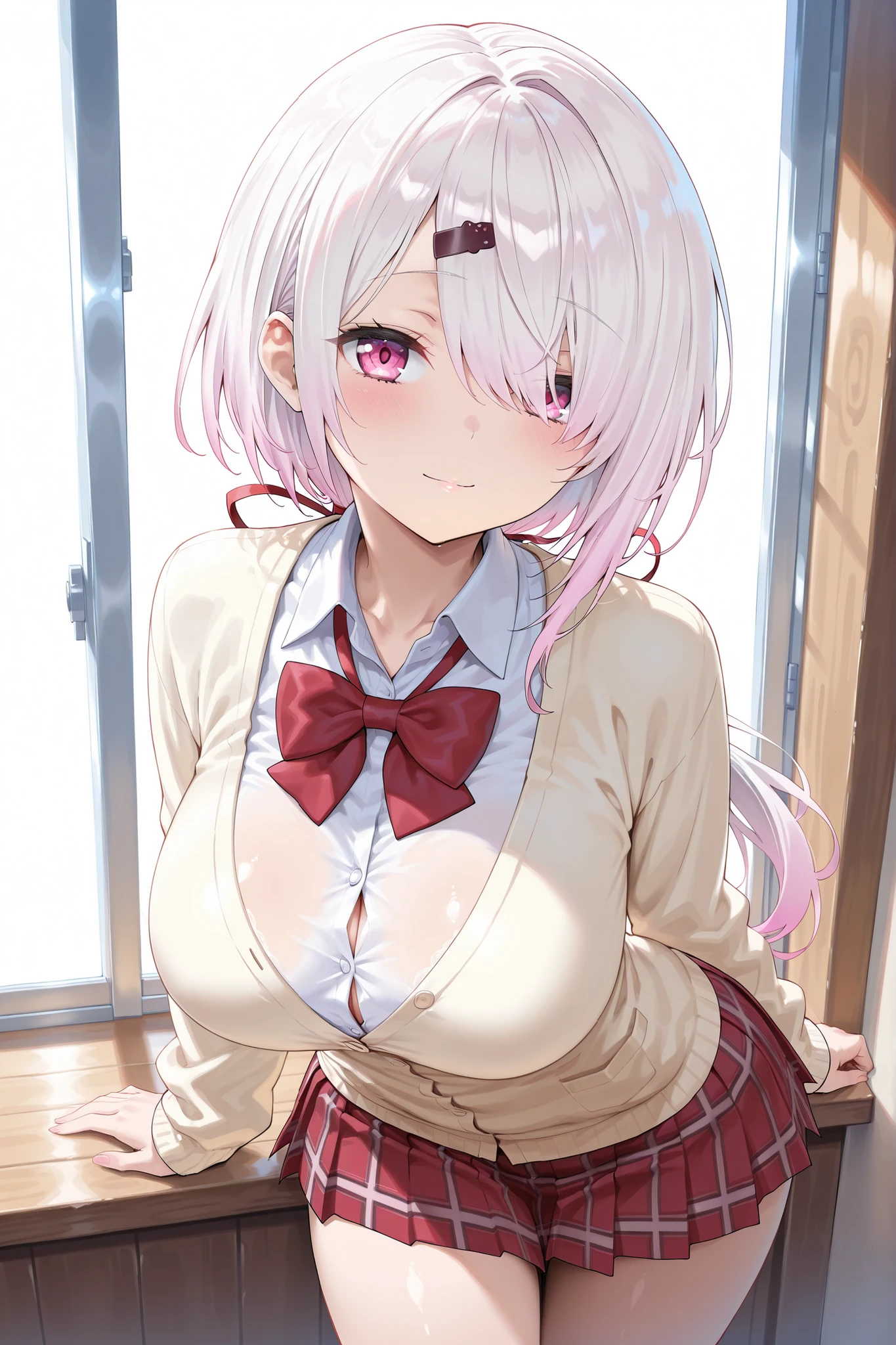 solo,masterpiece,best quality, amazing quality, highres, absurdres, very aesthetic, high resolution, ultra detailed, perfect details,nijiyuika,large breasts,pink eyes,gradient hair,light pink hair,white hair,round face,long hair,hair over one eye,low ponytail,hair ribbon,hairclip,nijiyuikacos,white shirt,collared shirt,red bow,cream-yellow cardigan,red skirt,miniskirt,plaid skirt,pleated skirt,