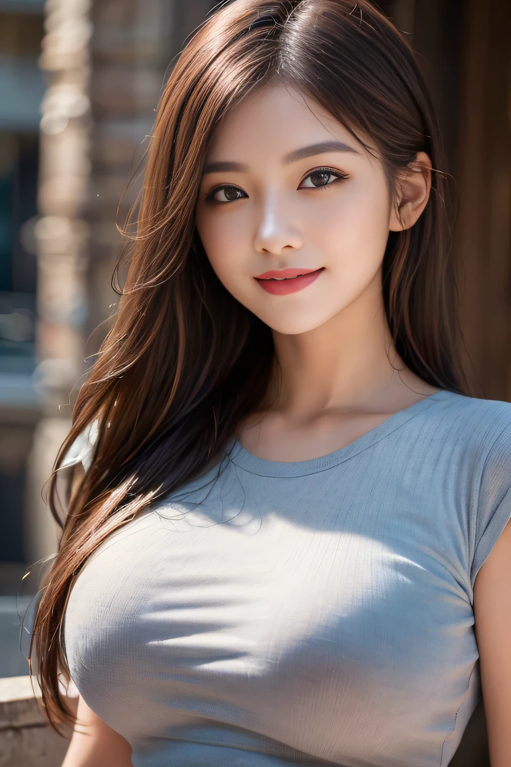 ((Best quality, 8k, Masterpiece :1.3)), Whole body, Long legs, Sharp focus :1.2, A pretty woman with perfect figure :1.4, Slender abs :1.1, ((Dark brown layered hair, Big breasts :1.2)), (White tight tshirt, Leggings, Standing:1.2), ((Night city view, Rooftop:1.3)), Highly detailed face and skin texture, Detailed eyes, Double eyelid