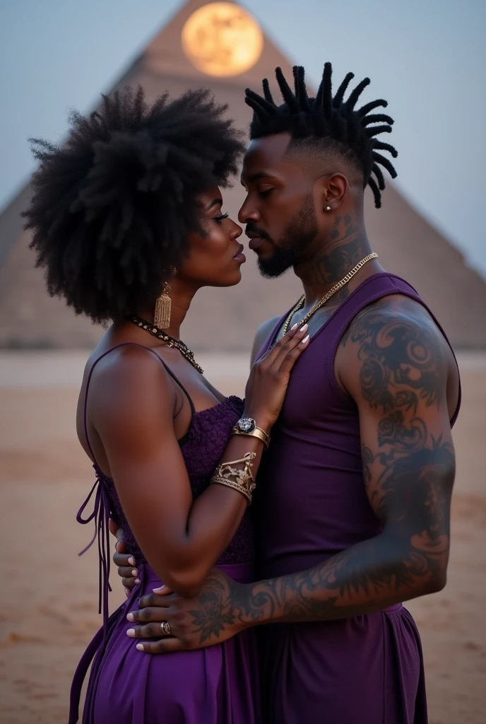 rating , african dread woman, mature woman, kissing a strong white man, black fringe hair, blue eyes, in desert