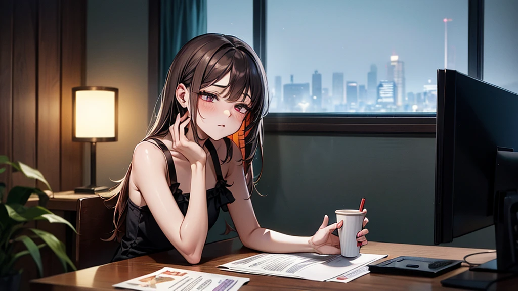 Highres, masterpiece, room, earphone, music, handphone, 1 girl, dark room, beautiful girl, cute, 18 yo