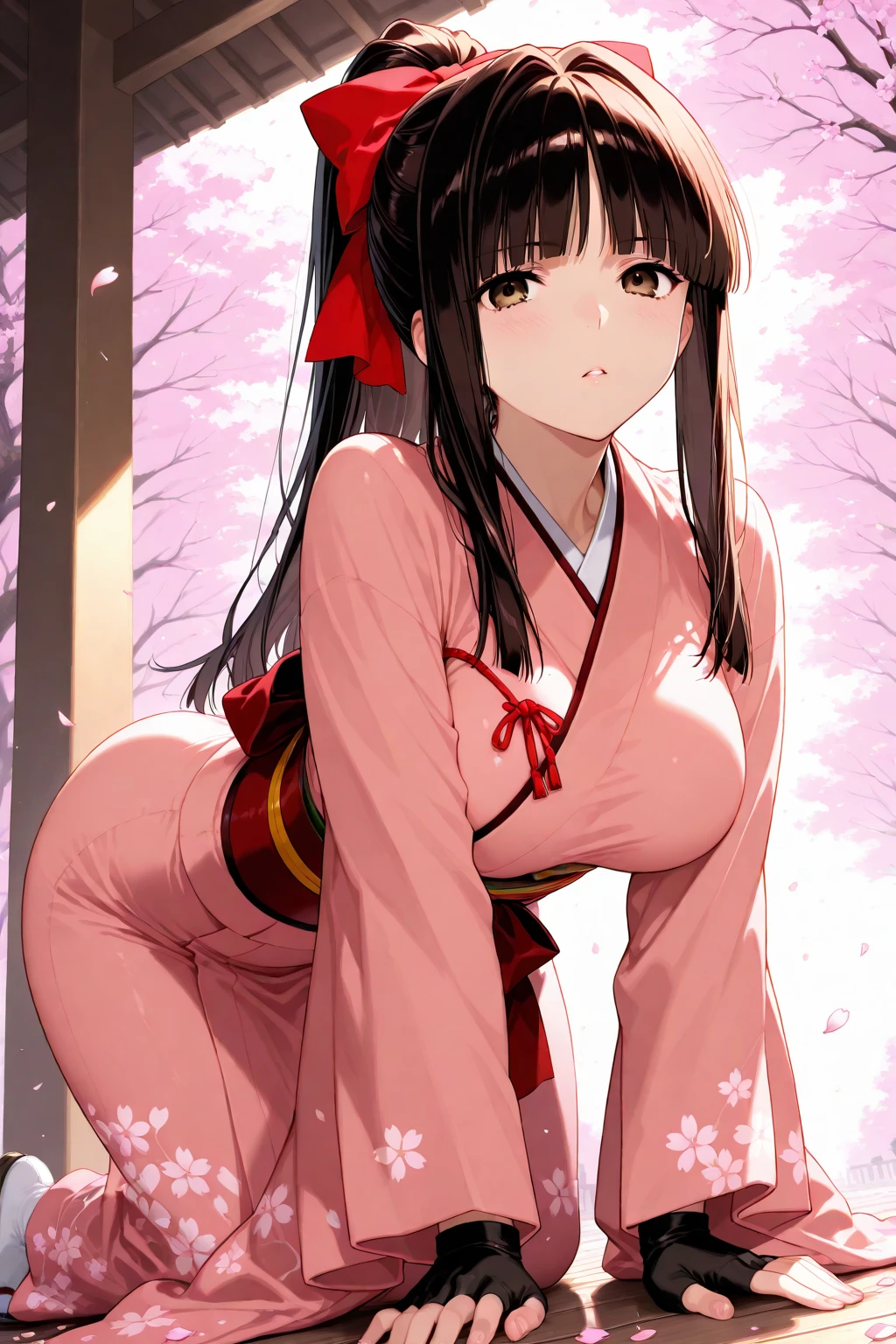 work of art, (pink kimono), alluring face, good lighting, wet transparent lingerie, fine-details, work of art, glare eyes, 1 girl, Bblack hair, best qualityer, ass pov, all-body, Broad Hips,