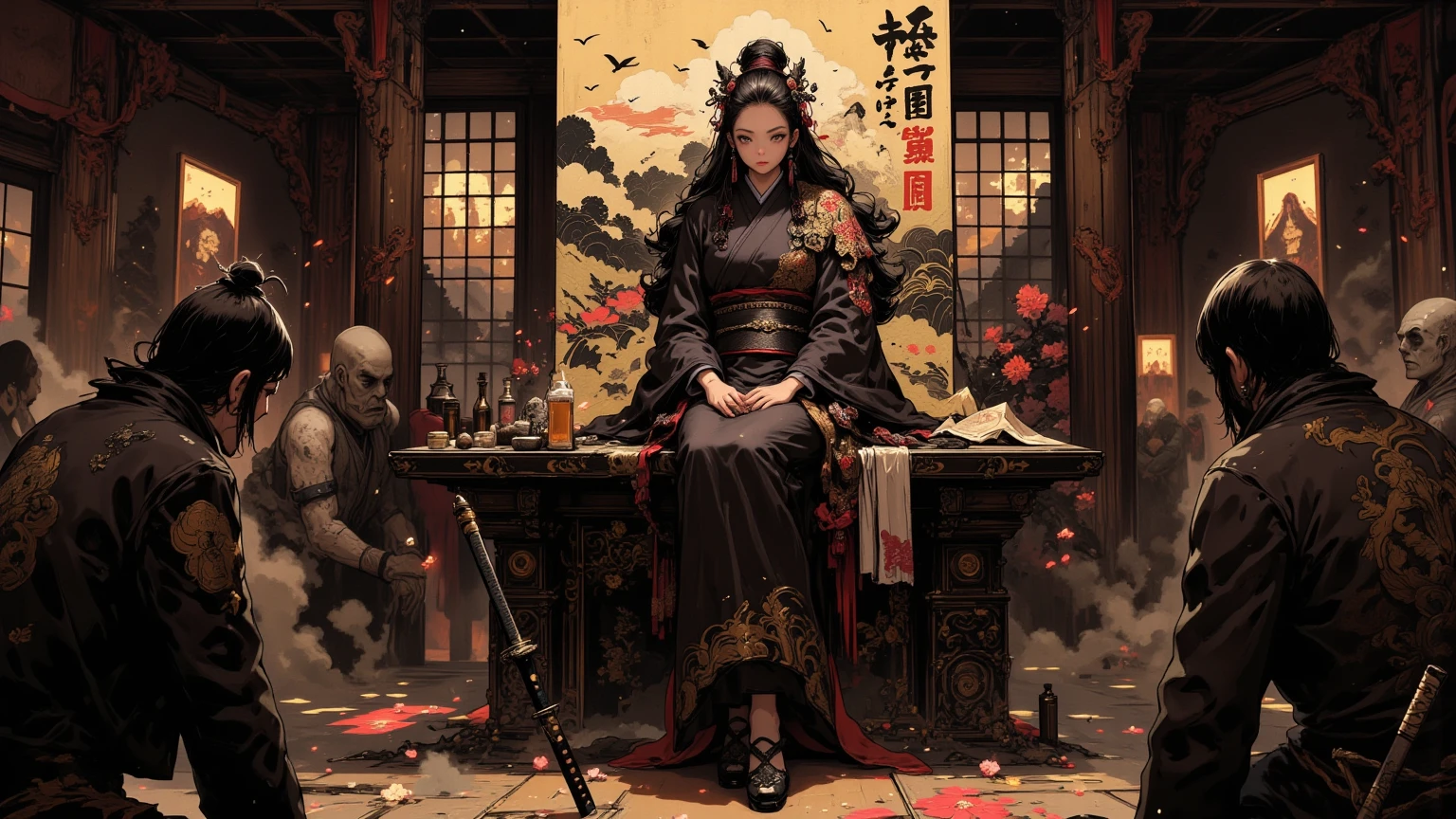 A beautiful woman sits on a chair with a mahogany Chinese style background of suspense and horror and a ghostly atmosphere --auto