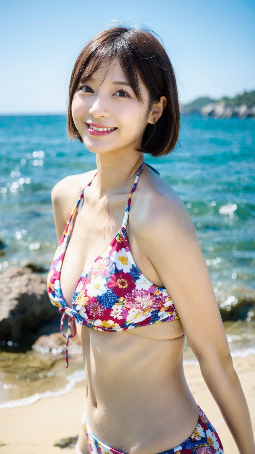 masterpiece、Highest quality、High resolution、Tabletop、wallpaper、Realistic、Bright lighting、Professional Lighting、Face Light、Smooth lighting、Japanese women、Adult、Beautiful woman、action、gravure、sexy、so beautiful、Beautiful Skin、Beautiful and detailed、Detailed face、slim、moderately、short hair、Brunette Hair、Brown eyes、Looking into the camera、Cleavage、トロピカルBeach, Pretty face, Symmetrical eyes, smile, Showing teeth, Wet Skin, Small breasts,Shiny and colorful high cut bikini, Shiny water-repellent swimsuit, Blurred Background, 超High resolution, Backlight, Top-down angle,whole body、Accurate 5 fingers, software, Stand with your back arched, Micro Bikini, Beach, Bony body, 1 person、Pulling on clothes (Highest quality, 8k, 32K, masterpiece, 超High resolution: 1.3), 魅力的なJapanese womenの写真, one person's, Abdominal muscles, Perfect body, 超Detailed face, Detailed lips, Beautiful Eyes, double eyelid, (rash guard swimsuit), Light brown hair, Asymmetrical hair, Asymmetrical bangs, Messy Hair,