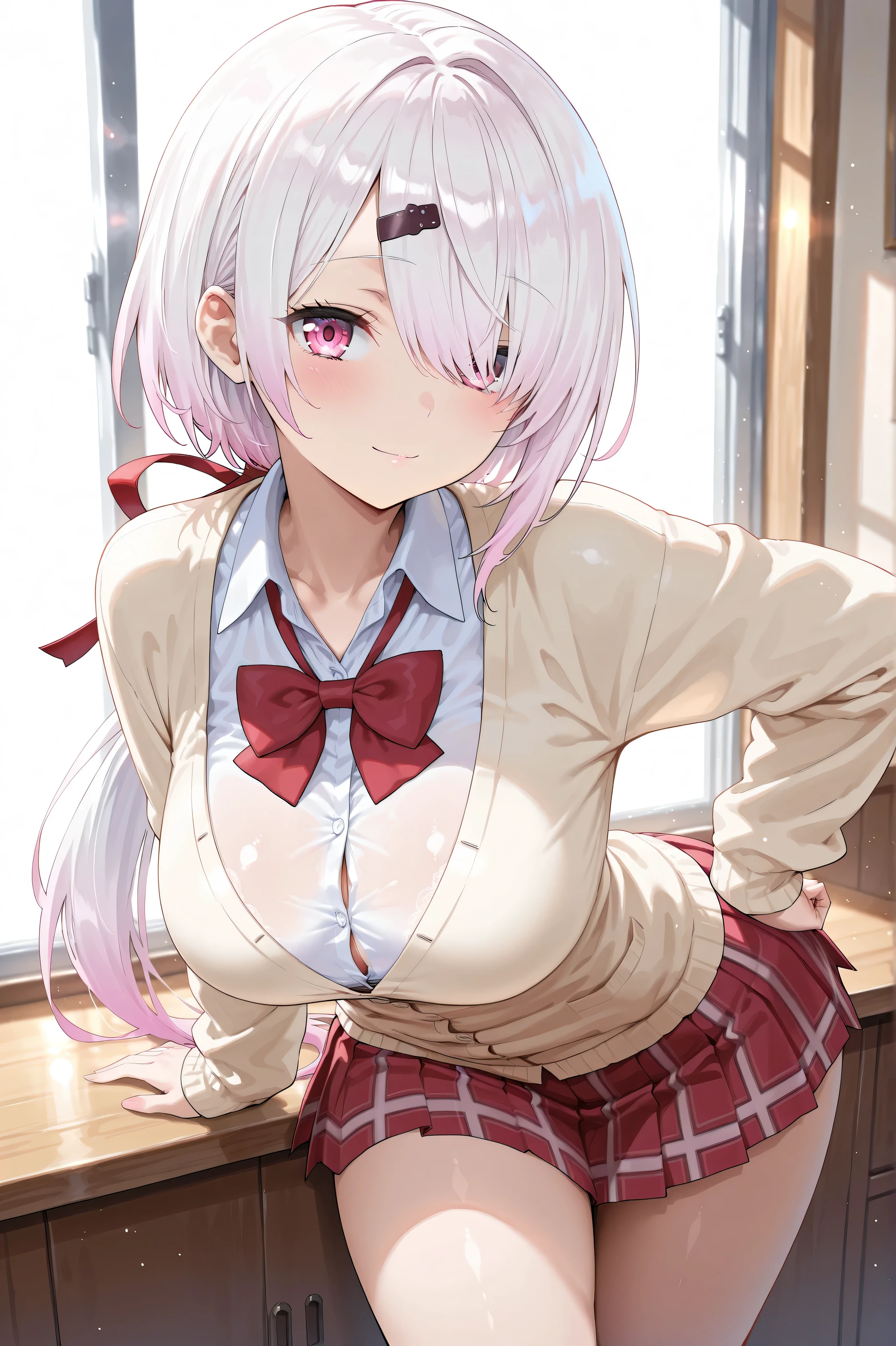 ((1 girl:1.5))、(smile:1.5)、、（cowboy shot）、(fun!!)、(white cardigan:1.5)、(dog ears)、(silver hair)、(blush:1.5)、(long hair)、(eye highlights:1.3)、blake black shoes,(黒いskirt:1.5)、bow, button, shirt with collar, long sleeve,  ((red bow tie, ,, white shirt, チェック柄のskirt:1.5、white socks)),, shirt,, skirt, socks, thighs, white shirt, Rest indoors, ((classroom:1.5))、 BREAK while watching the audience、 (perfect hands, perfect ???????),cowboy shot、(skirtlift:1.3),(highly detailed white panties:1.3)、(highly detailed panties:1.3)、、(skirt that rolls up:1.3)、(fully exposed panties:1.5)、light blue eyes