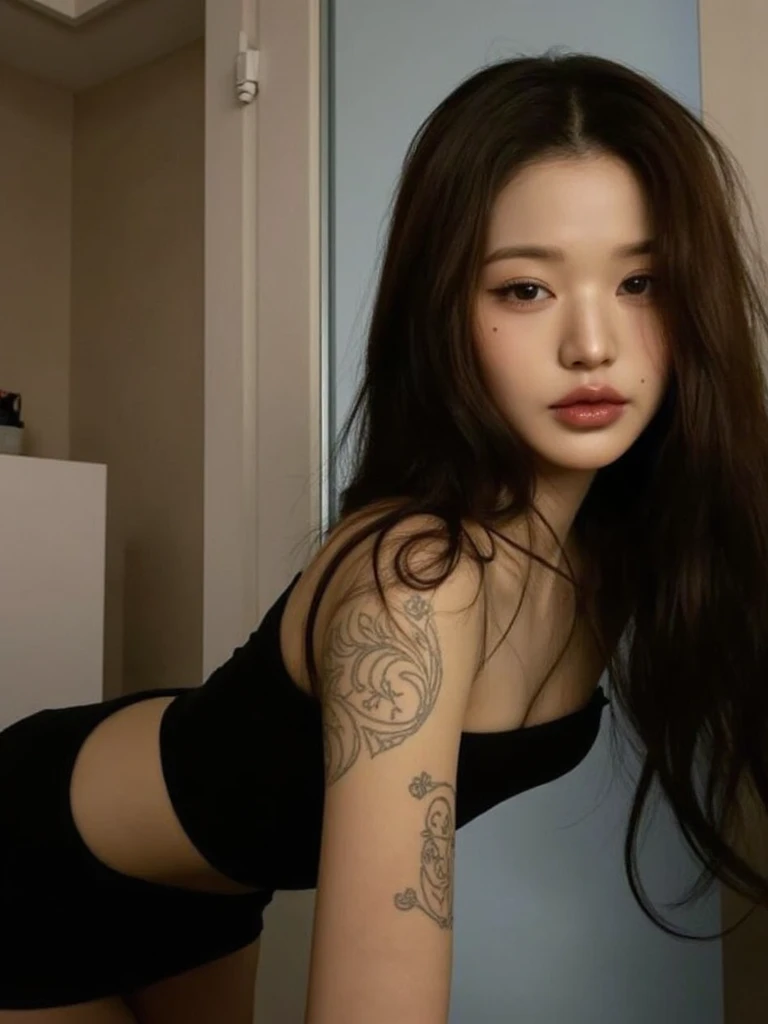 Coreana,asiatica, olho puxado, cabelo preto, calcinha preta, tattoo on arm, olho puxado, alta qualidade