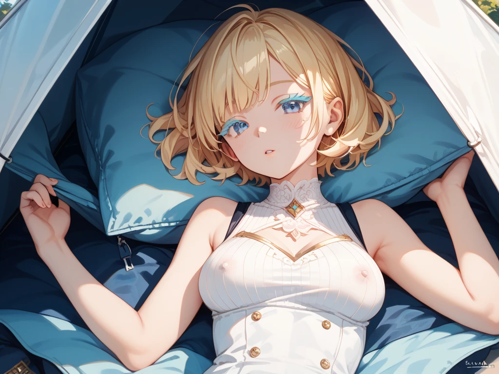 masterpiece, best quality,detailed 4K wallpaper,novel illustration, 1girl, solo, rodney, <lora:rodney:0.7>,full body, blonde hair, hair over shoulder,blush,miniskirt,lying on bed, looking at view, bra, breasts,garter straps, white thighhighs,