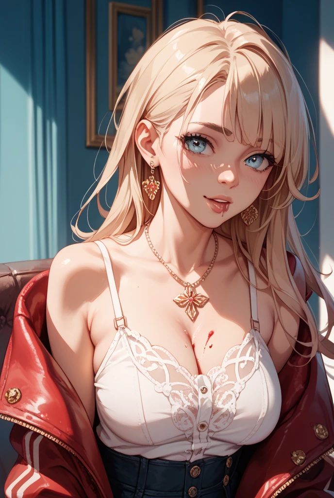 (masterpiece, top quality, best quality, official art, beautiful and aesthetic:1.2), young (1girl:1.3), (wearing torn red dress:1.3), (blonde:1.3) hair, long hair, (colorful eyes:1.3), extremely detailed, colorful, (highly detailed CG illustration), (looking at viewer), cinematic light, solo, half body, (character focus), ),Cath, extravagant makeup, full lips, sexy pose, clothes ASIDE , used condoms, partially naked, shiny skin, red lingerie