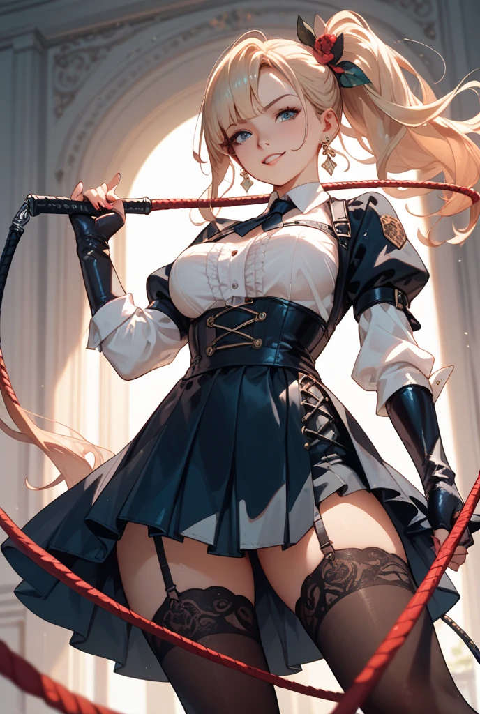 Yor forger with and long gloves and pantyhose with high heels boots and whip