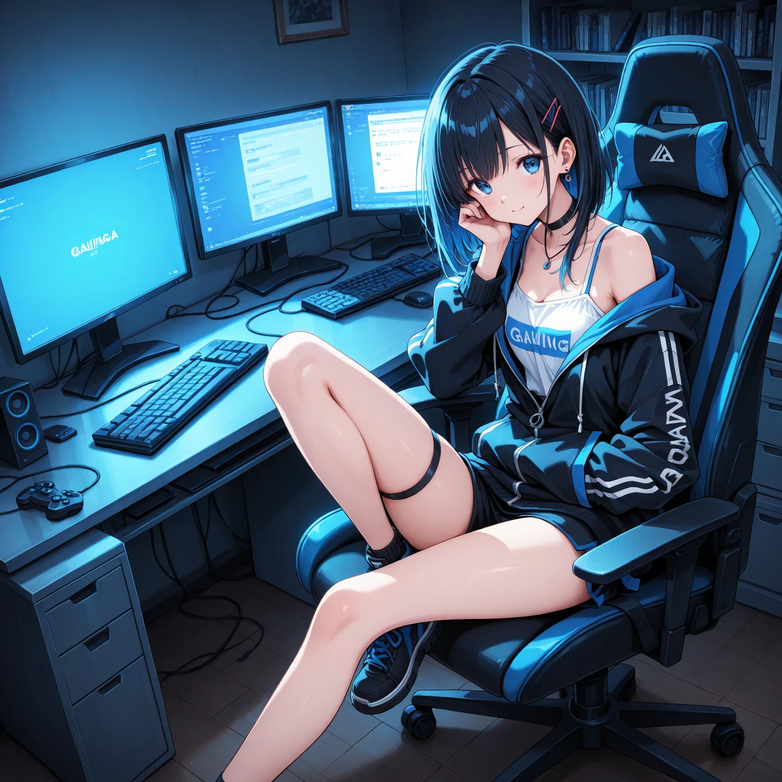 One Woman、beautiful girl、Sit on a chair、Dark Room、computer、Sit in a gaming chair、High-end headphones、Grip the game controller、Operate the controller、Plastic bottle on the desk、computerに向き合う、beautiful girl, Highest quality,  T-Shirts、Short skirt、Thick thighs、Big 、Big Ass、Black Hair、long hair、Bangs、Sweaty body、I&#39;m sweating all over、Lewd sound effects、Stripes々Panties