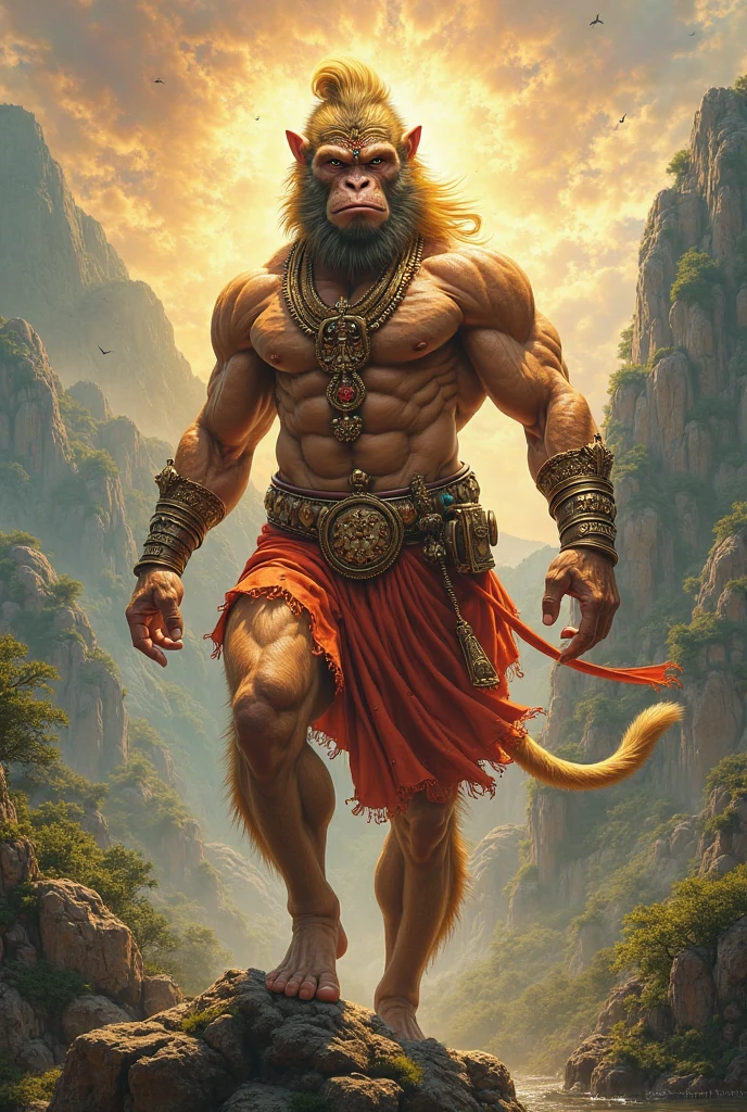 Description: Hanuman using his strength or flying ability to aid Lord Ram and Lakshman. He might be shown lifting a large obstacle or scouting the area from above.