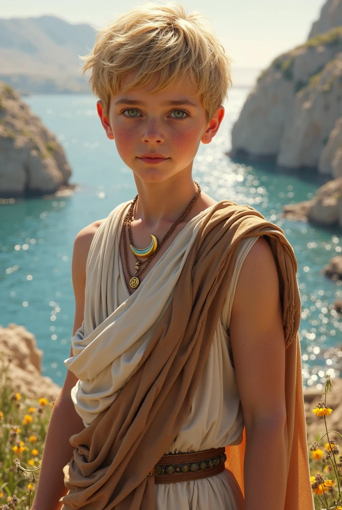 Photorealistic, cameron crovetti, 10 year old, ancient greece clothing, neutral background, blue eyes, blonde, short hair, boy, son of Zeus, baby eagle on the shoulder