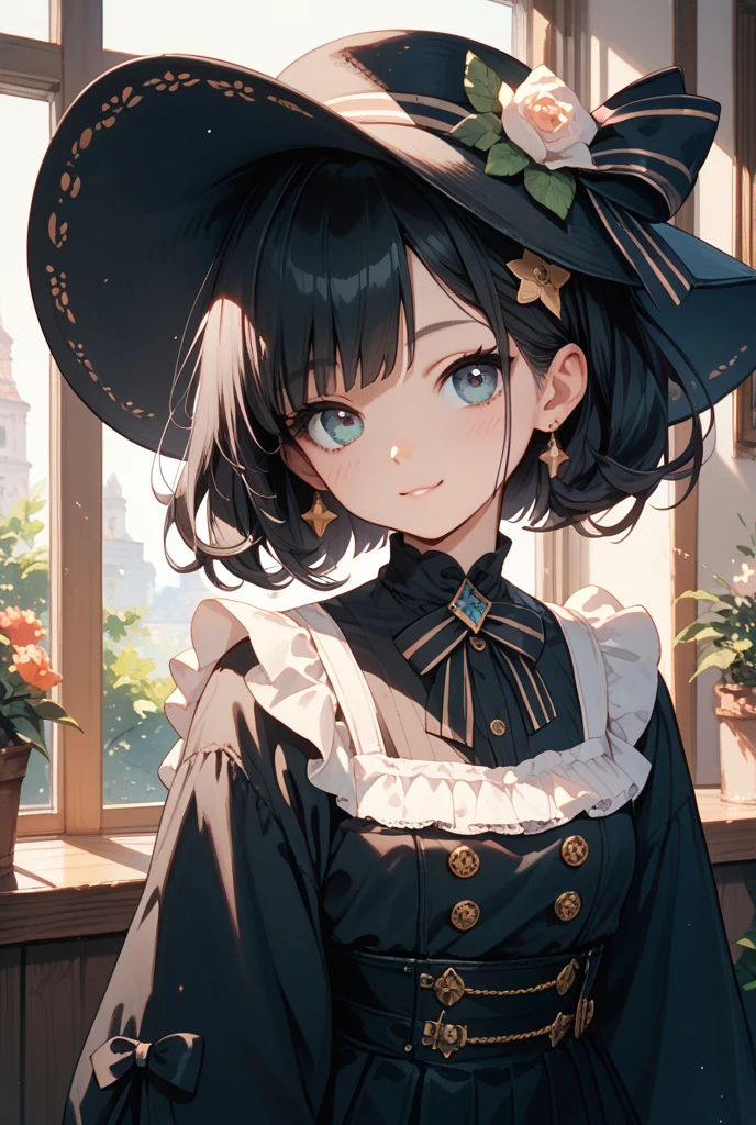 1girl, brown eyes, brown hair, bob cut, hair over one eye, blue robe, white shawl, gold trim, witch hat, smile, close-up, (masterpiece), ((best quality, intricate details, anime girl, witch, sitting in a garden