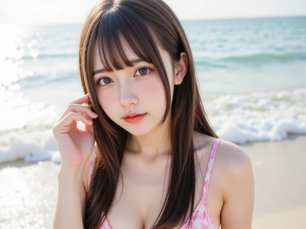 masutepiece, Best Quality, Illustration, Ultra-detailed, finely detail, hight resolution, 8K Wallpaper, Perfect dynamic composition, Beautiful detailed eyes , the beach, Sexy face,Face feeling ecstasy,Face at the peak of sexual arousal,face of a woman feeling ,beauty legs,Colossal tits,お漏らし