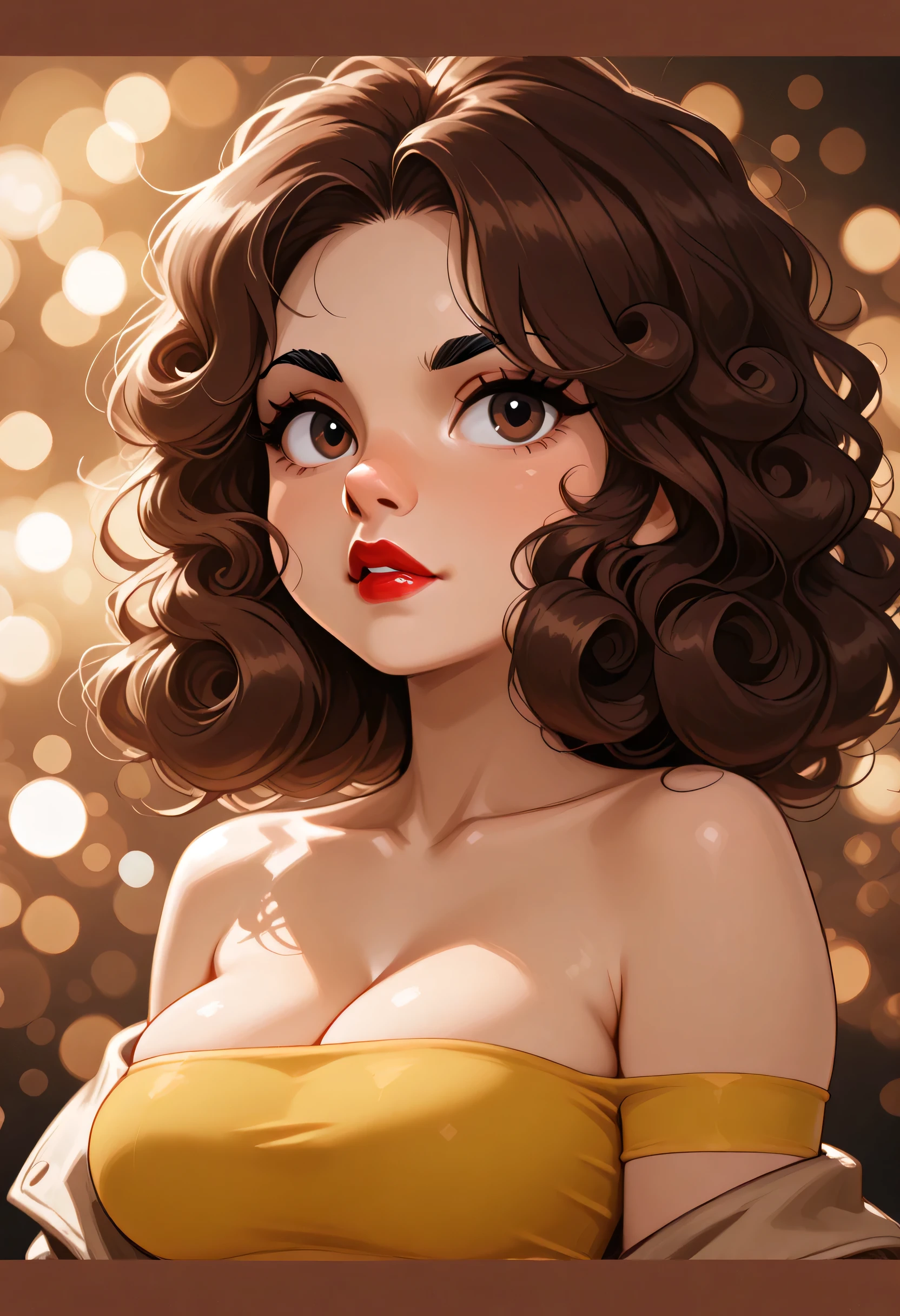 brown hair, curly hair, black thin eyebrows, dark brown eyes, nose, normal lips, red lips, collarbone, cleavage, off shoulders, medium breasts, yellow tube top, bokeh