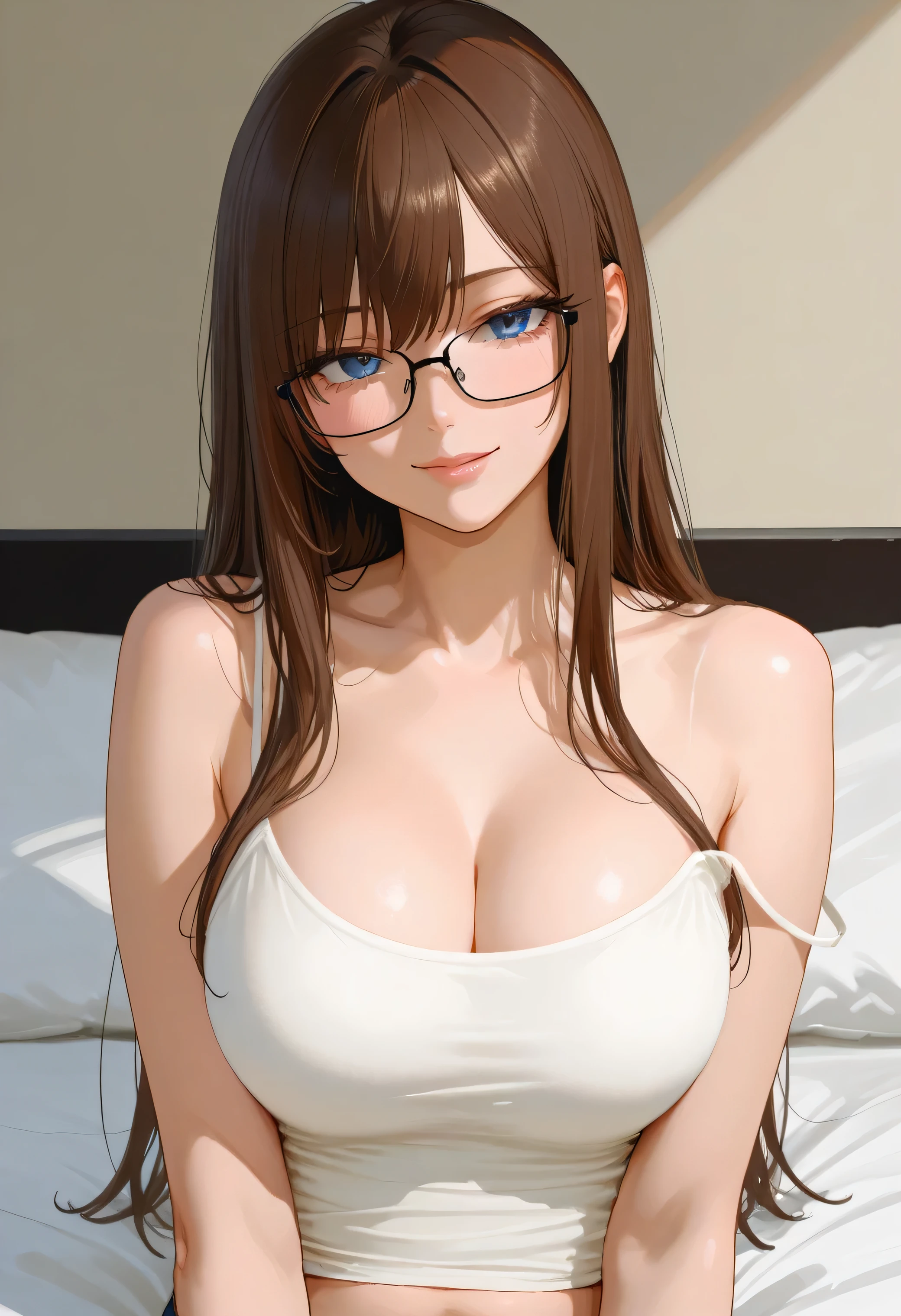 (masterpiece), (high quality), ginger hair, curly hair, long hair over shoulders, glasses, golden eyes, cute smile, sitting in bed, big , slim waist, white bra top, (cleavage), white panties, bedroom, looking at viewer, thick thighs, long white pantyhose