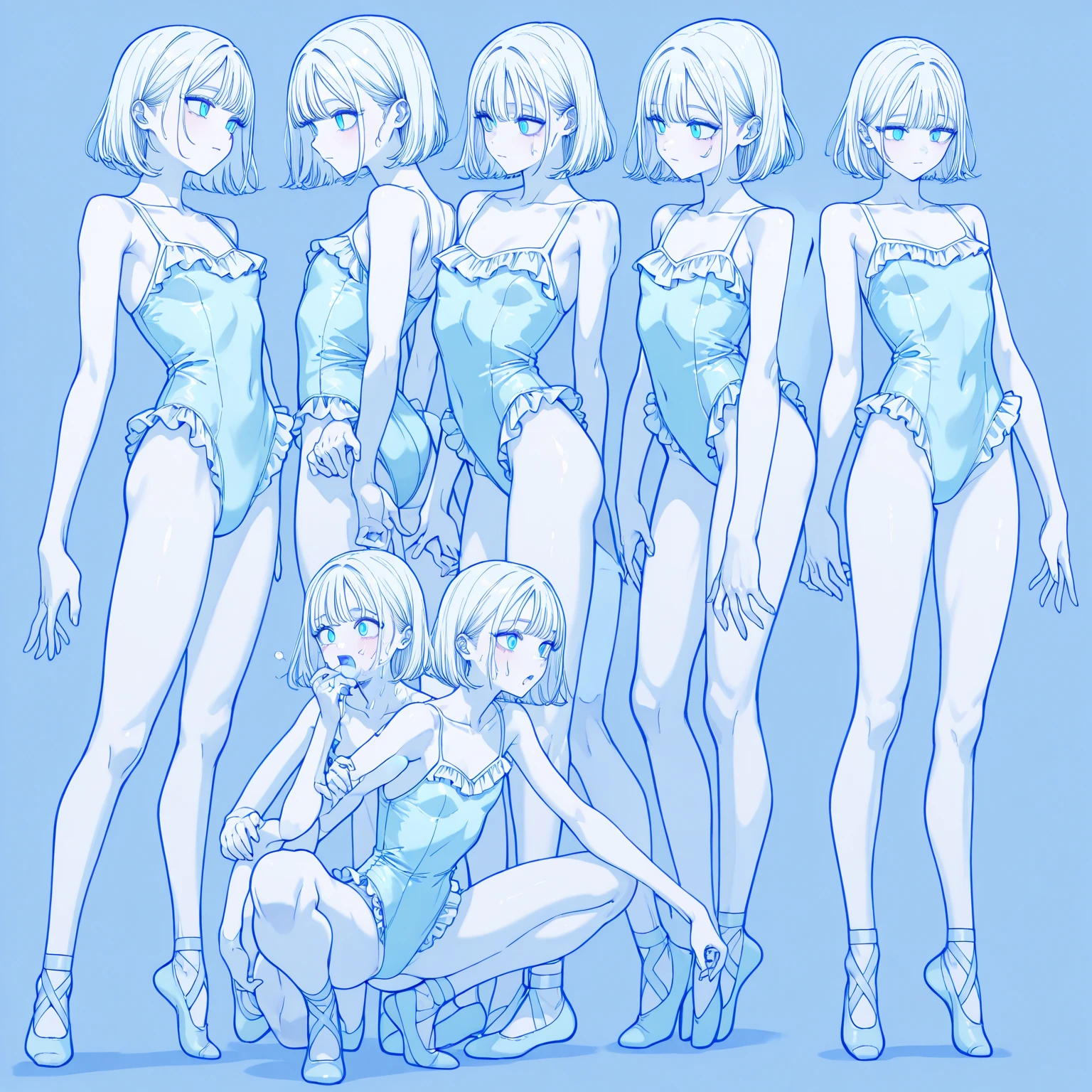 sketches of a woman in a bikini and a man in a swim suit, hands behind her body pose!, various pose, sketchy artstyle, anime pose, ecchi anime style, various poses, ecchi style, clean anime outlines, some trees in the background, anime proportions, character is in her natural pose, speed painting and scribble art