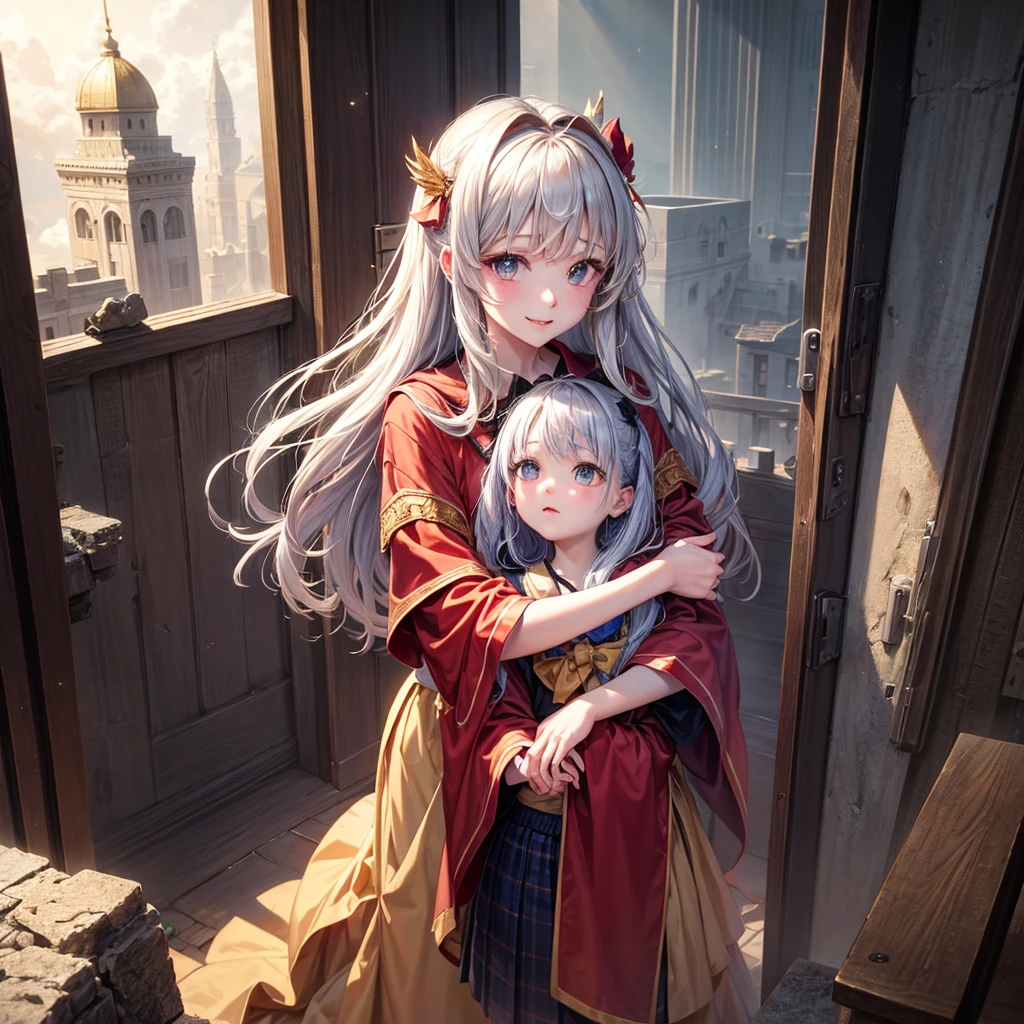 A woman with black hair and red eyes, ruby ornaments on her head, holding her newborn son in her lap, 1 boy, sky blue hair gray divine eyes, in medieval England