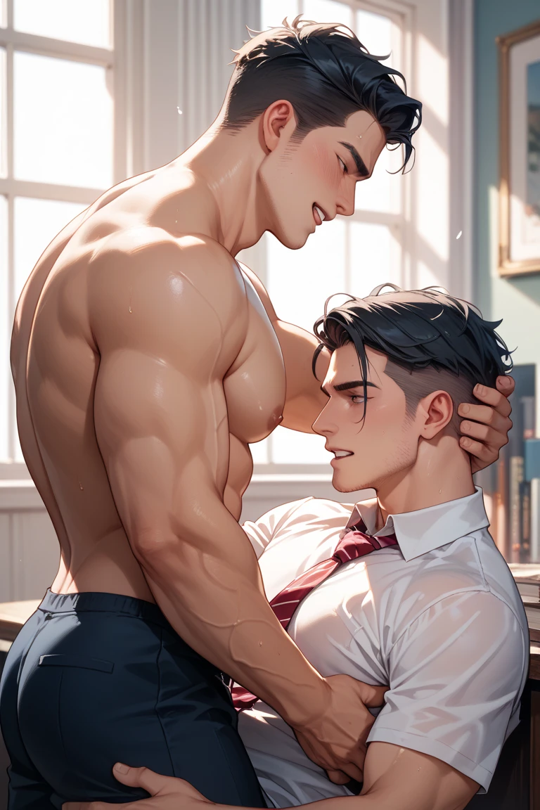 best quality, masterpiece, extremely detailed, extreme close up of muscular man with cute square face, wavy hair with curtain bangs, licks another man's stomach, only one nipple ring, saliva string, sexy, gay homoerotic, dark cinematic lighting, extremely dramatic shadows, romantic atmosphere, perfection, no watermark, no logo, no signature