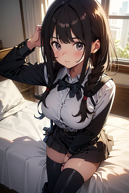 1 female, , high quality, masterpiece, Ultra-high resolution, , Cinema Lighting, , , And the suspenders with the cranes flying　　　Moderate breasts　 　 　　　　Large Breasts　 　 　　　　Small face　 　　　holster　　　　　　　 Lying in bed　Looking up　　　　Sweat 　　　belt　summer　脇Sweat 　Black Hole Gloves　suit　　　　 　garterbelt　Leg Links　ズボンにbelt　　holster　 　　Hands behind your back　 Anxious expression　Looking up　Anxious face　Knee-high　Knee socks　Knee-highソックス garterbelt　garter　ふとももにgarterbelt　Checkered mini skirt　Necktie Headband　ribbon