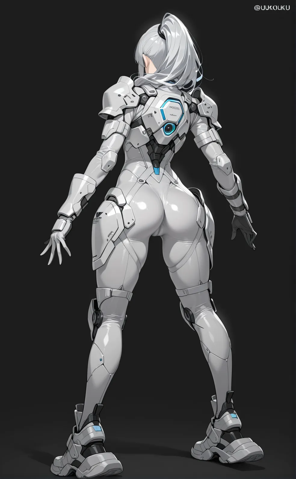 ((full body concept art, simple background)), ((Best Quality, best resolution, award-winning portrait, official art)), ((perfect Masterpiece)). Young beautiful girl, (detailed: 1.4), (Absurd), mature woman, beautiful face, perfect body, bare thighs, long legs, cyberpunk post apocalyptic colors. She has (short white hair), wears a (Harajuku-inspired cyberpunk tech-wear bottom:1.2) , jacket, ((the most beautiful and sexy aesthetic)), sexy, cleavage showing, hot, sexy, seductive posture, mecha arm, tech suit,black jeans that fit her body and a skin tight black T-shirt, Hightech scarf, cloak, stylish, glowing trims,digital art, black robot joints, very stylish, award-winning product design, (wearing smooth organic tech armor), (long shapeless hair), big breasts, revealing clothes, ((dynamic pose)), (Depth-of-field), Maximum clarity and sharpness, Octane Render, (Cinematic lighting), shiny glossy skin, tight full body suit, Wearing latex, shiny and metallic, ((white suit)), Glowing cybernetic joint details, Glossy,Cloak, exoskeleton,super huge enormously gigantic , cleavage showing, ((from behind)).