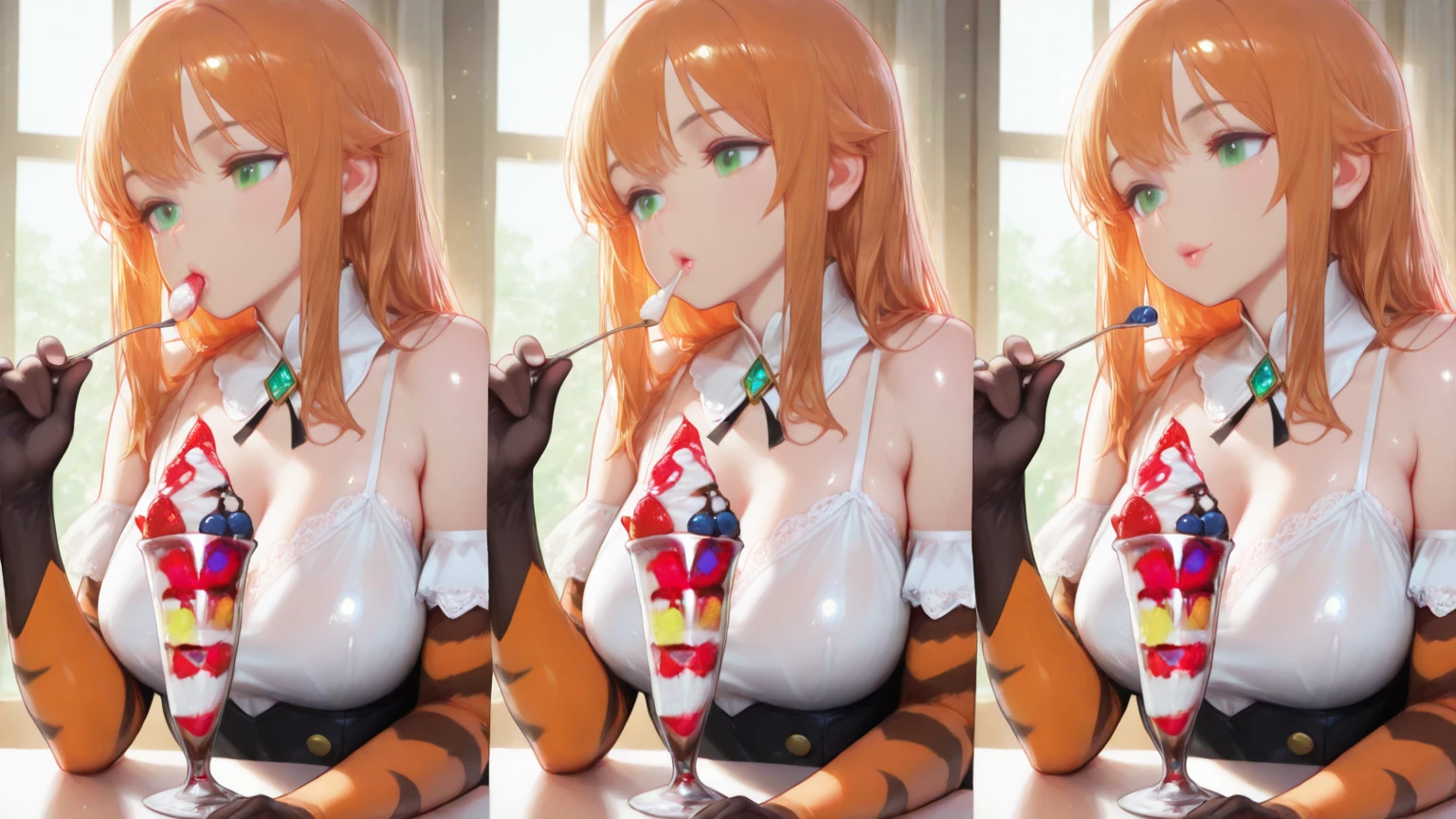 (masterpiece, best quality), best resolution, (3heads:1.5), 1girl, ((((orange hair)))), green eyes, twintails, tube top, flat chest, trap, extra heads INFO