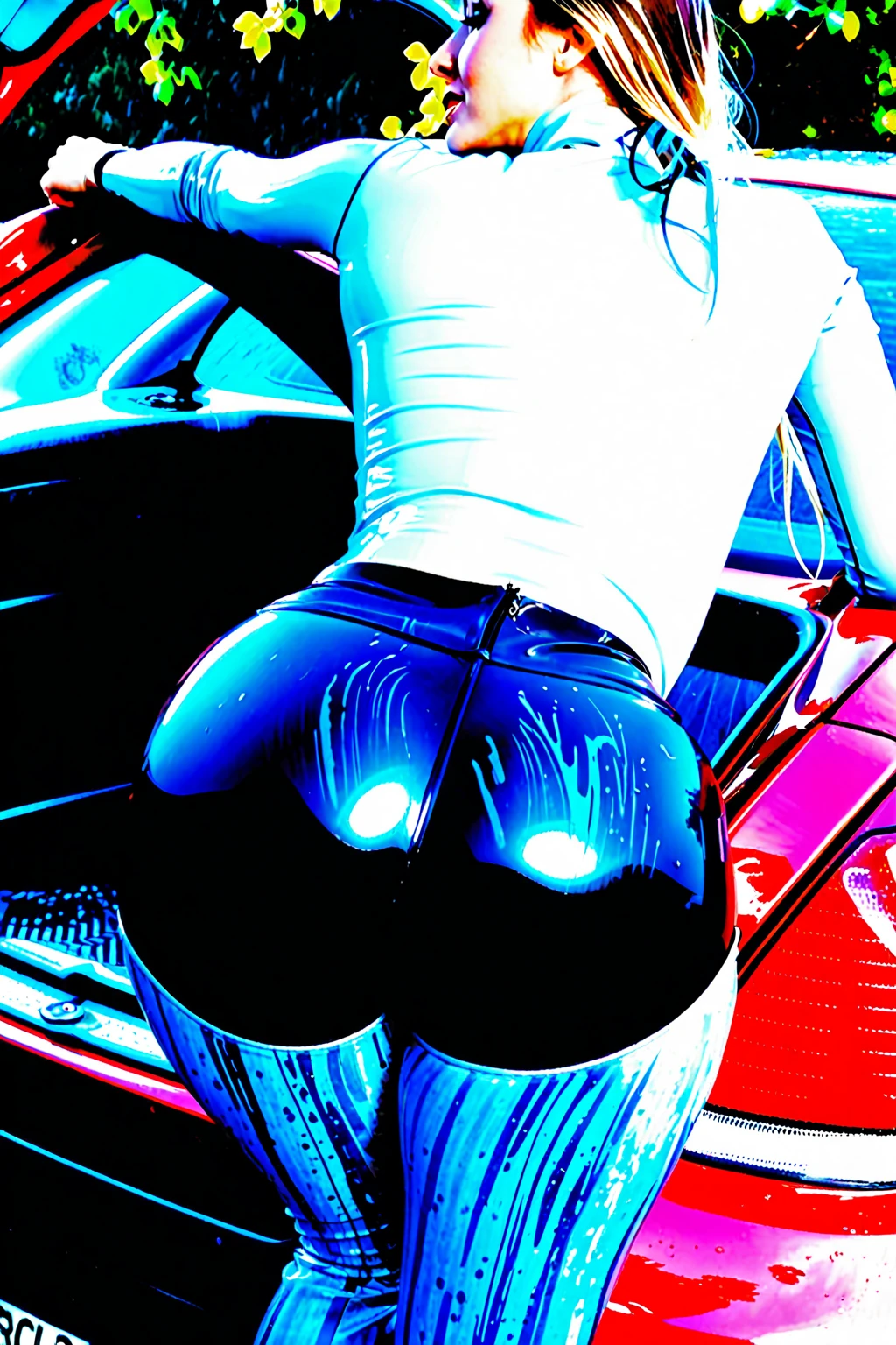 woman, wearing (black fishnet pantyhose with back seams) and (black high heels), is bending over in a red car Beetle, high resolution, highly detailed hyper real retro, bending over, toned derriere, accentuated booty, photorealistic perfect body, shot from the back, tonic derriere with firm buttocks, (best quality) (detailed), focus on full body, on a parking lot (brick wall with graffiti), in the city, daylight, natural lighting, sharp focus