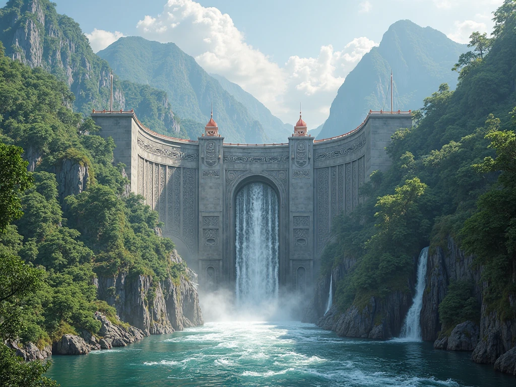 Creating a welcome gate stylized as a hydroelectric dam, with forest ...