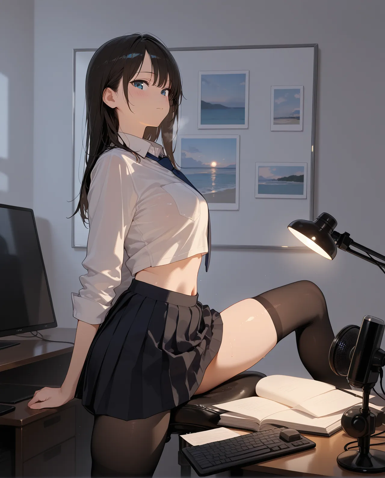 1 girl,black hair,light eyes,leg on desk,cowboy shot,masterpiece,best quality,very aesthetic,absurdres