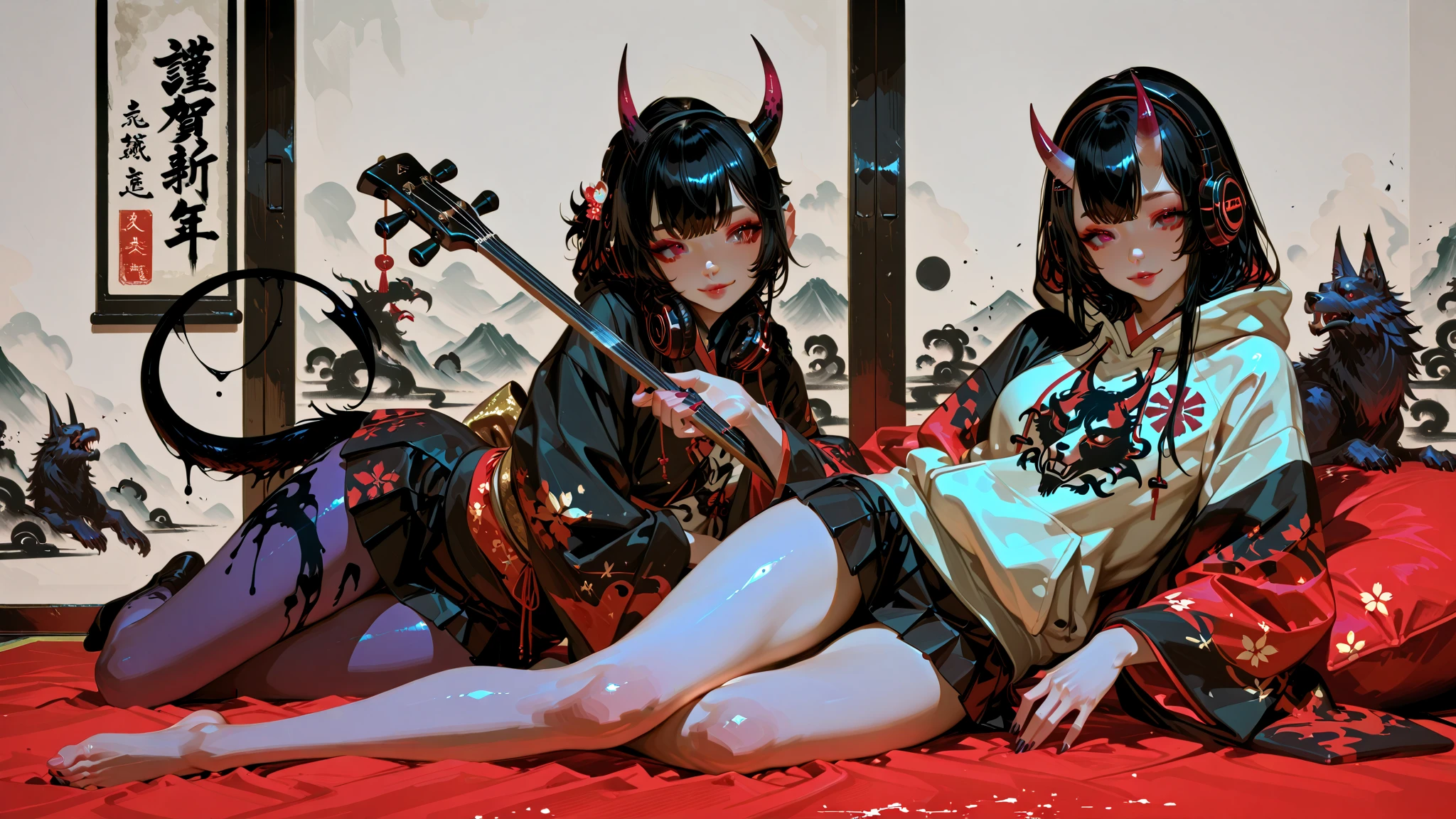 anime characters are sitting on a bed with their bodies painted, The finer details. anime. Tentacles, Zero-chan art, Zero-chan, Singey, Happy!!!, Ahegao, at Pixiv, by Shimo, Pixiv, Detailed fan art, by Kamaguruka, anime art, anime”, Burning, Pixiv 3dcgA 17-year-old Japanese girl with vibrant hair colors, long hair, daring hair styling, slender figure, plump cheeks. She embodies the punk rock aesthetic, dressed like a punk rocker with bold attire, large sunglasses, a defiant expression. She stands at 170 centimeters tall, weighs 30 kilograms, wears long boots, with her thighs visible under a red pleated skirt. Adorned with numerous silver accessories. Depict with distinct outlines, using colors other than black for the outlines, using colorful hues for the outlines. She's into girls' rock, punk, Electric guitar, vibrant colors, stages, and backed by a band. An underground clubhouse with colorful lighting amidst the darkness. Colorful candies resembling mountains of treats are plentiful, strewn all around. A tall, well-built man with blonde hair is present, adorned with tattoos, a nose piercing, and a split tongue.