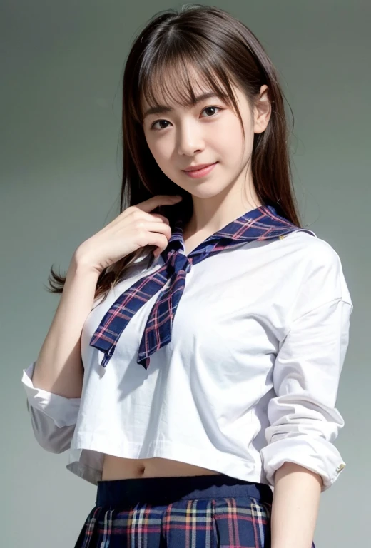 ((school uniform)),ribbon at neck,(school uniform and ((navy skirt)) and white shirt:1.1), Skin color, big , smile, (8k, RAW Photos, Highest quality, masterpiece:1.2), masterpiece, super detailed, super high quality, (Realistic and Realistic photography:1. 37), High-resolution RAW color photos, Very delicate and beautiful, highly detailed, 8k壁紙, wonderful, detailed, Very eye, very detailed, very detailed skin, very thin fingers, very detailed nose, very detailed mouth, Perfect ???????, Upper Body, studio, Soft lighting, A full-body shot of a cute idol wearing a one-piece swimsuit, Playful pose, Hands on hips, smile, Pastel Background, Realistic, Attention to detail, studio photography