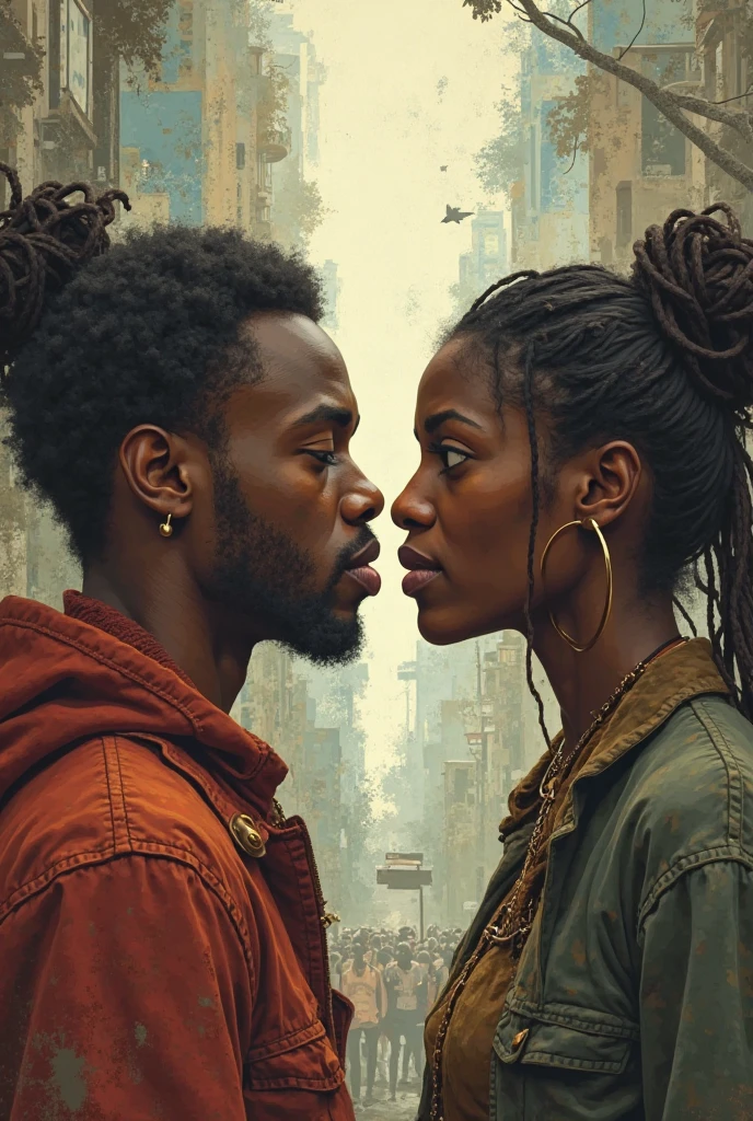 Un chanteur noir de 28 ans avec des locks court, une moustache et un bouc sur scène en plein air entrain de chanter et regarde une femme noire avec des yeux remplie de larme.
L'atmosphère est remplie d'émotion, une ambiance sombre avec des sentiments complexes flottent dans le paysage 