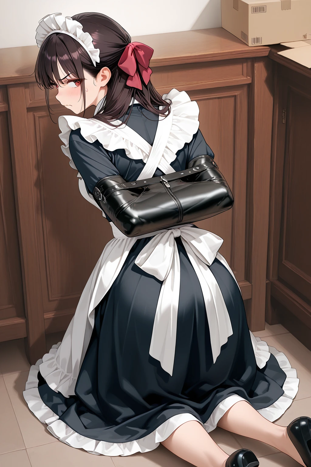 suzunehorikita, suzune horikita, long hair, black hair, (red eyes:1.3), hair ribbon, braid,
BREAK bow, , jacket, bowtie, blue bowtie, blazer, (red blazer:1.5), skirt, long white skirt, pencil skirt, high-waist skirt,long skirt,shoes
BREAK indoors, classroom, 1girl,solo
BREAK looking at viewer, (cowboy shot:1.5),
BREAK (masterpiece:1.2), best quality, high resolution, unity 8k wallpaper, (illustration:0.8), (beautiful detailed eyes:1.6), extremely detailed face, perfect lighting,shoes, extremely detailed CG, (perfect hands, perfect anatomy),bound with an excessive amount of ropes), (bound wirsts), (arms behind back), (tapegag, tape gag), dramatic, (looking at viewer), (detailed pupils:1.3)
masterpiece, (best quality), perfect eyes, bound, bondage, (arms behind back:1.4), bdsm, tape gag, rope, rope bondage, close-up, restrained,curled up, best anatomy, full body, standing