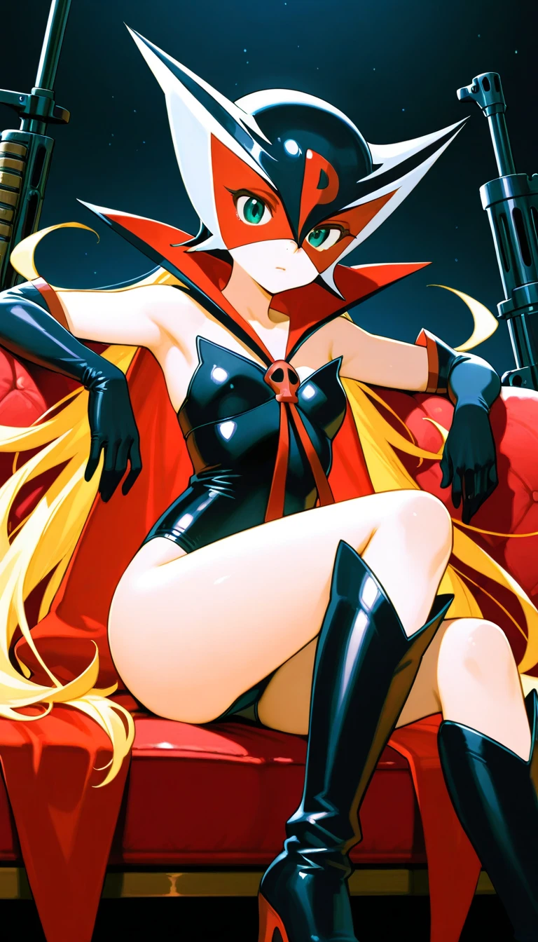 (((solo,1woman, mature, alone))), doronjo, ((long hair, blonde hair, glowing blue eyes, wide eyes, makeup, narrow waist, skinny, medium breasts)), pelvic curtain, ((black bikini, The mask has a big red D inscribed on the front,Doronjo Mask)), full body, perfect body, (insanely detailed, beautiful detailed face, masterpiece, best quality), (extremely detailed 8k paper CG wall unit: 1.1), (saigyou_ayakashi, bare_tree, cloudy sky, cloud, fog, dusk), cameltoe view, cameltoe, View from above, Diagonal view
