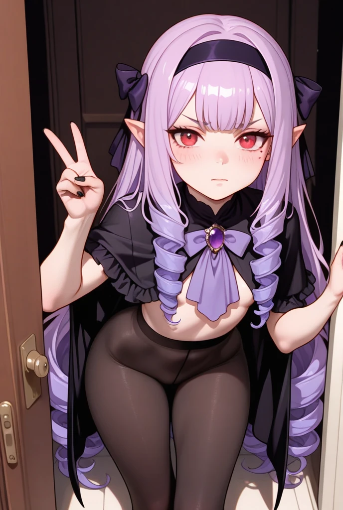 NSFW,Yuki Konno、Headband、Long Hair、Pointy Ears、Purple Hair、(Red Eye:1.5)、Black thigh-high socks、(Purple high leg:1.5),Embarrassed,blush,(Perfect hands),(Perfect Anatomy),(masterpiece),(highest quality),Fantasy,inn,bedroom