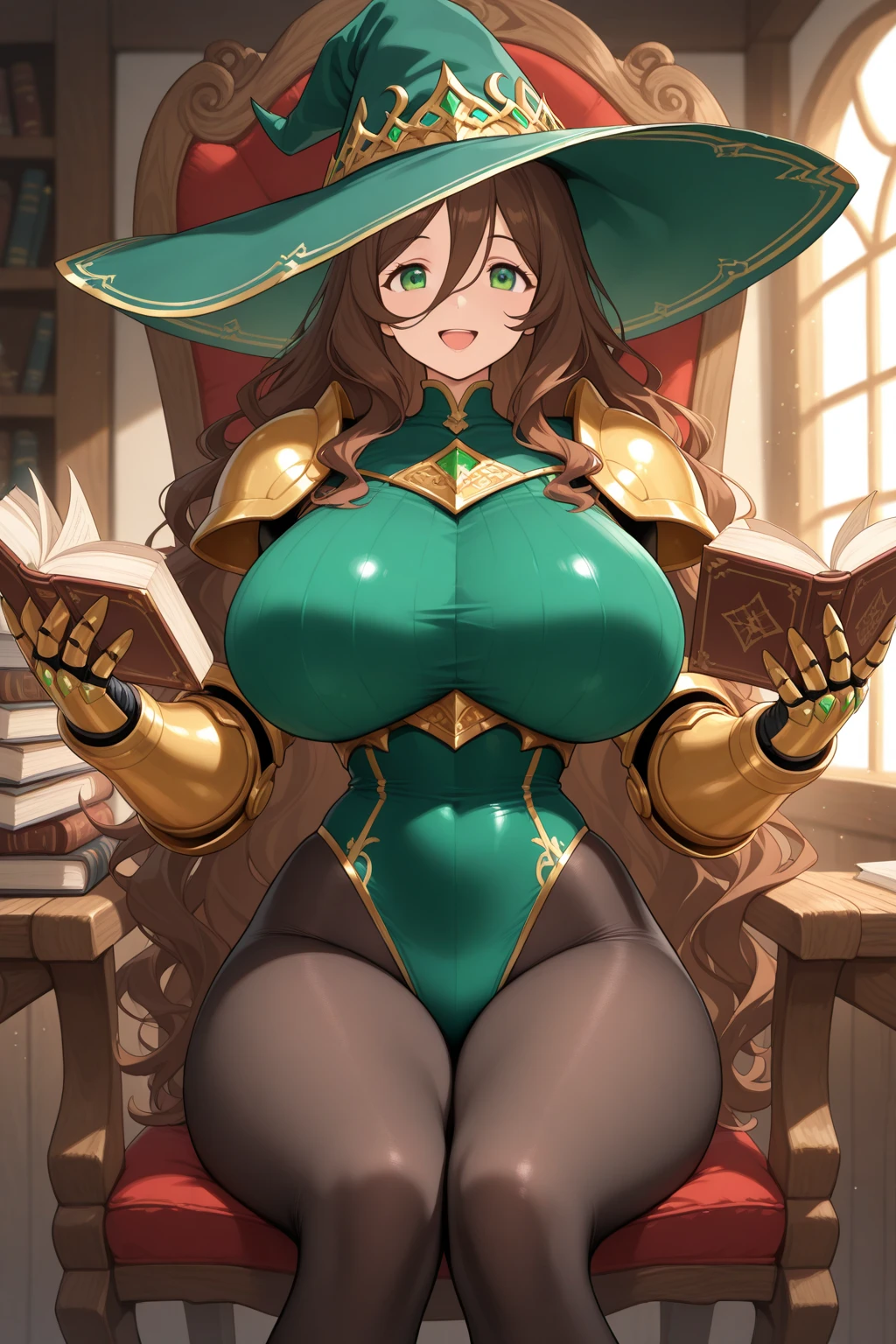 (masterpiece:1.2, best quality), realistic, (real picture, intricate details, depth of field),lisadef, (1girl, solo), mature female, mom, milf, 40 year old woman, ((bimbo))), (asymmetric hair), ((brown hair)), hair flower, ((green eyes)), ((red lips)), thick lips, puffy lips, smile, parted lips, waist, hourglass figure, tall, wide hips, (((huge thighs))), huge ass, smile, parted lips, (enormous huge natural breasts), deep cleavage (slim waist) , navel, tall, oily breasts, witch hat, caplet, belt, gloves, pelvic curtains, thighhighs, (big earrings), necklace, indoors, fantasy house, bookshelves, window, garden, (sexy pose), oily breasts, sweating, realistic lighting, head tilt, (hand in own hair)