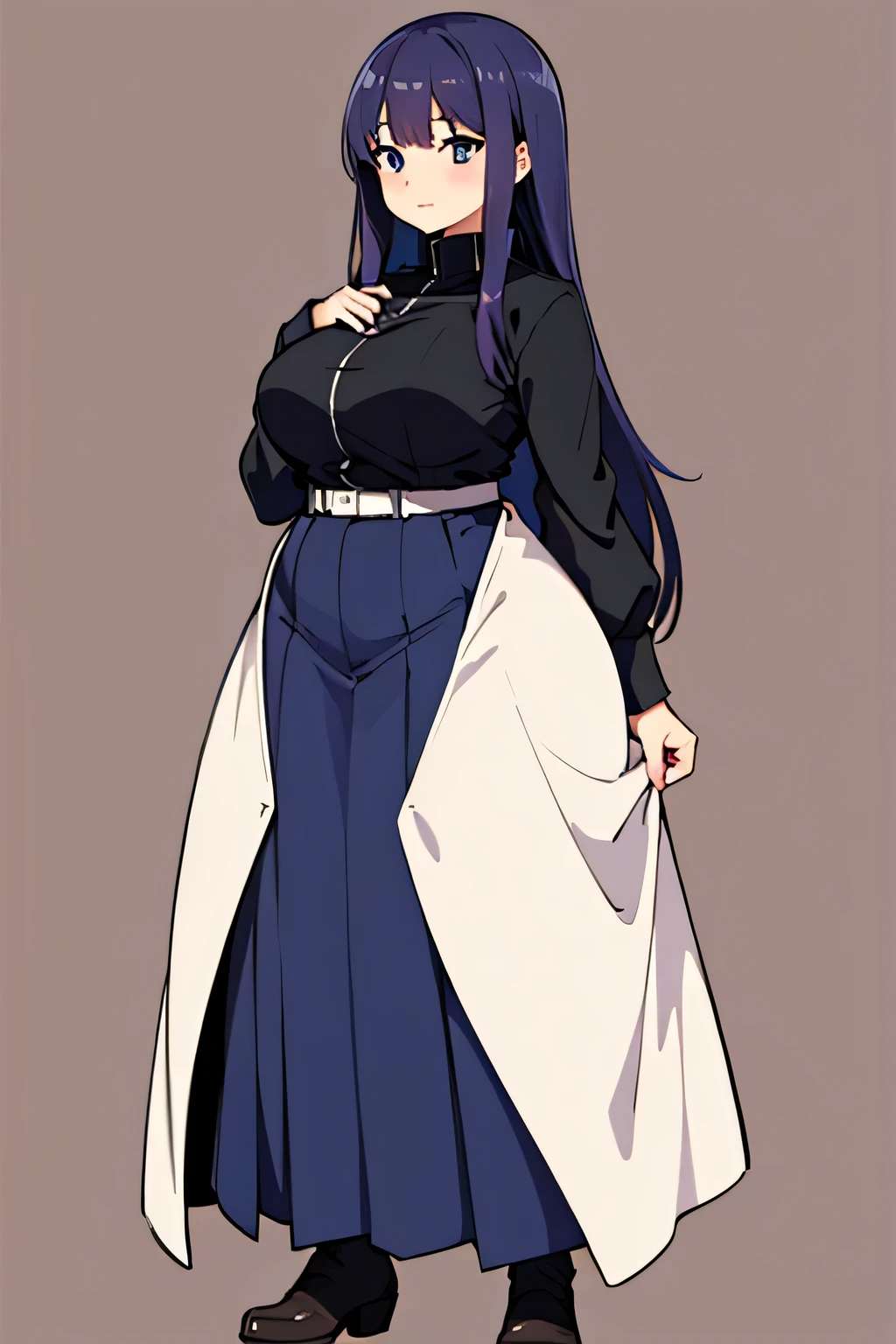 ,anime, Big Breasts, White Dress, Black long coat, smile, sexy, Big Breasts sagging under dress, Sweaty, Purple Hair,