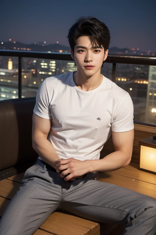 ((realistic daylight)) , Young Korean man in a navy blue polo shirt and jeans, A handsome, muscular young Asian man looks at the camera. In a simple t-shirt blue and red , roadside traffic ,((look sideways))