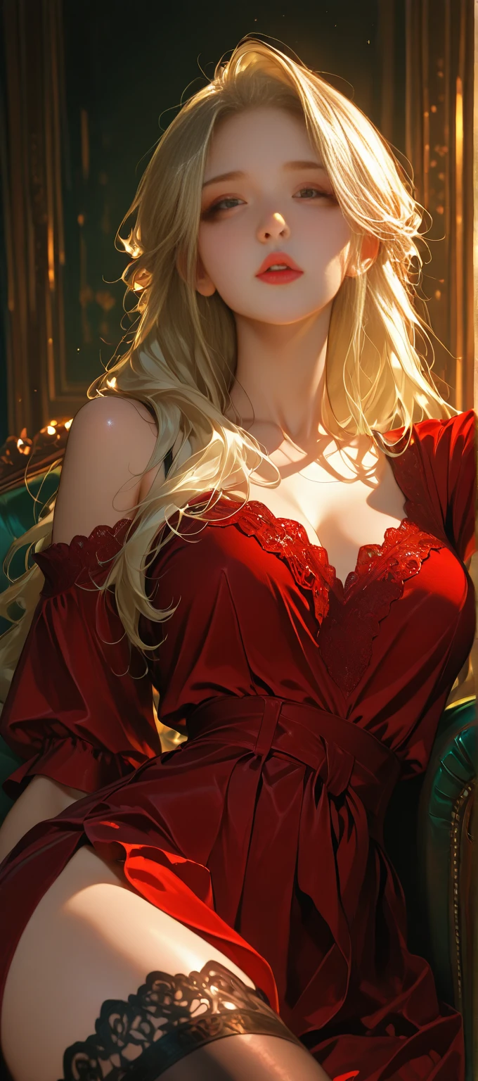 Please follow all prompts below exactly and faithfully. This is a breathtaking masterpiece of digital illustration, with maximum resolution, UHD, 512K, 2160p, 10 million ppi, 300 million dpi, natural color tones, ultra sharp details, perfect outlines with contrast, ((most realistic skin and hair textures:1.5)), most beautiful detailed eye features, perfect anatomically correct human body, beautiful background with depth, rule of thirds, depth of field, Maximize all element is used to its full potential to create the best digital illustrations, 1woman, sexy:1.5, beautiful face sharp, elegant woman, perfect body style, slender, beautiful big breasts, green eyes, blonde hair, hair over one eye, long hair, glossy very thick lips:0.7, pink lipstick:0.7, smile, Bright red flamenco dancer costume, rose hair ornament, deep cleavage, red high heels, long skirt with large frills: 1.5, black background:1.5,