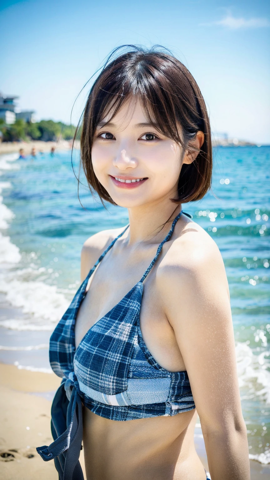 Japanese younger sister (Light blue plaid ruffled low rise bikini)Lens: 135mm f1.8,(Highest quality),(Tabletop:1.1), (Beautiful Japanese girl), Cute Face, (Cute Breasts), (Deeply carved face:0.7), (freckles:0.6), Pretty lips, Dramatic lighting, Dynamic Lighting, smile, Beautiful thighs, Pixie Cut, Beautiful thighs,  (Beach), (Turn around),(Cute face like an idol, sister, nude, sex, full body shot, spreading pussy, pussy, girl, legs spread )