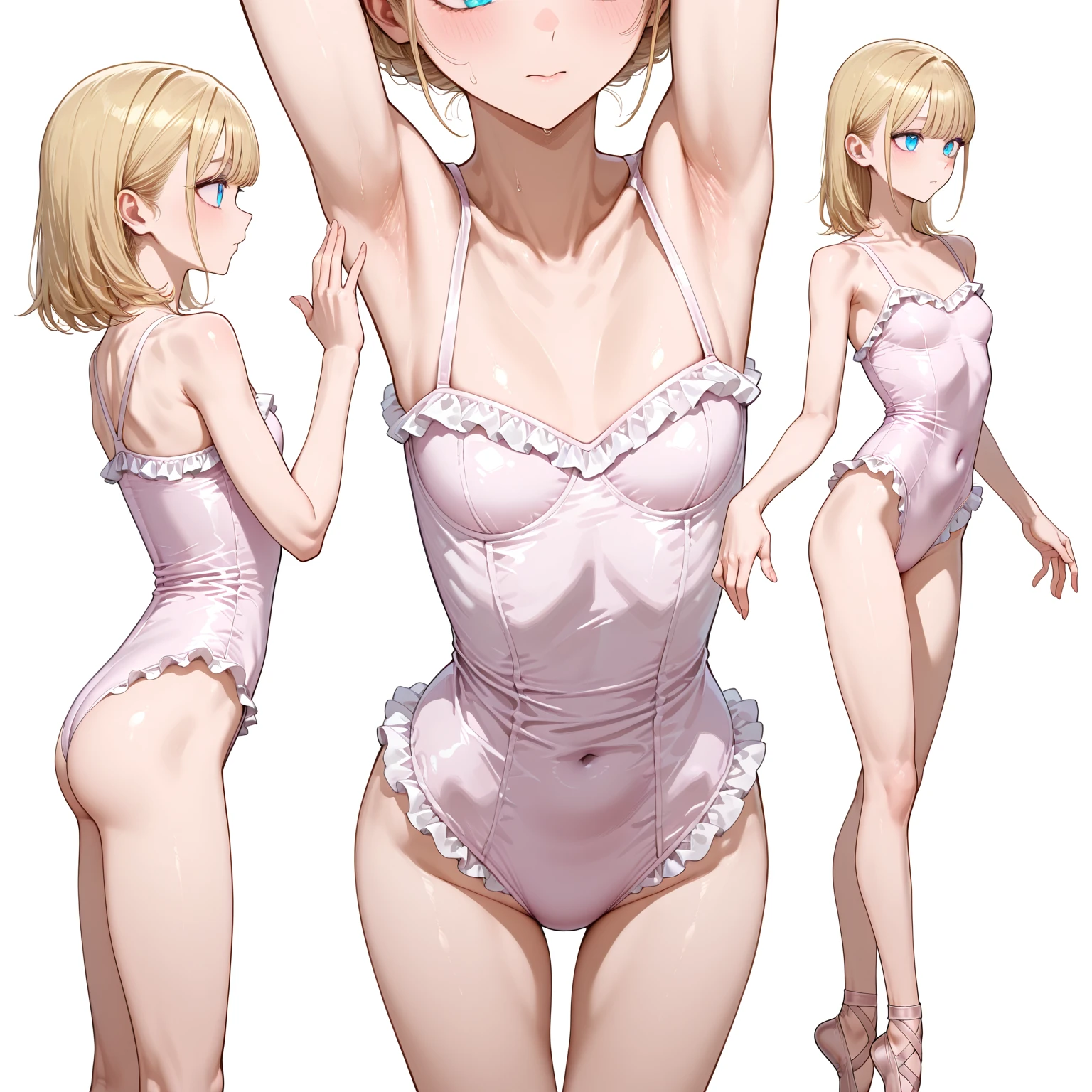standing footjob、barefoot,Blonde hair, short mash hair, turquoise eyes,A girl with impressive blonde hair、hair ornaments、short bob、hot pants、smile、dynamic pose, Pink bondage suit, mocking smile,Showing armpits, hands behind head, nakedness