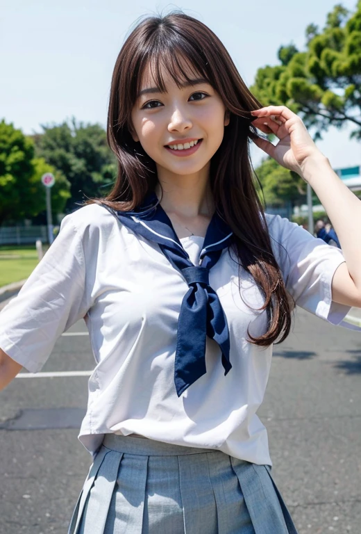 (masterpiece、Highest quality、Very detailed)、(Japanese、Woman in her early 20s、Realistic beautiful girl、A neat and clean woman)(Hair color: Black、Hair in a ponytail、Hair is about shoulder length、Hair with bangs)、(The eyes are small、Almond-shaped)、(Light facial makeup、Natural pink cheeks、Skin is smooth、Lightly reflects light、Healthy shine、The expression is refreshing)、(Thick lips、smile)、(A distinctive white shirt with a sailor collar、Navy blue scarf)、(Summer clothes)、(Navy blue pleated skirt、The length of the skirt is long)、(Staring diagonally down)