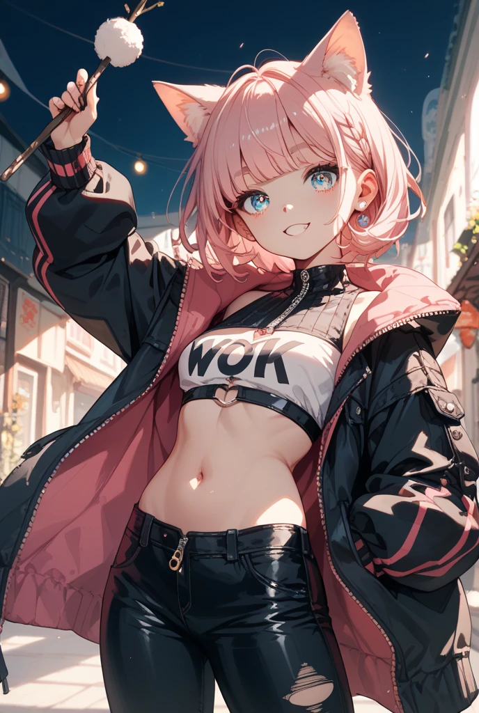 teenage girl，short crop top，hot pants，Queen，Shake ack view，Cord，shackle，red eyes，No underwear，pink hair，big ass，Playful，stick out your tongue，Smile，sweat，secretion，Buttocks close up，sitting，Sit on the camera，back view，raised buttocks，love，soaking wet，Cat ear，transparent，bend over